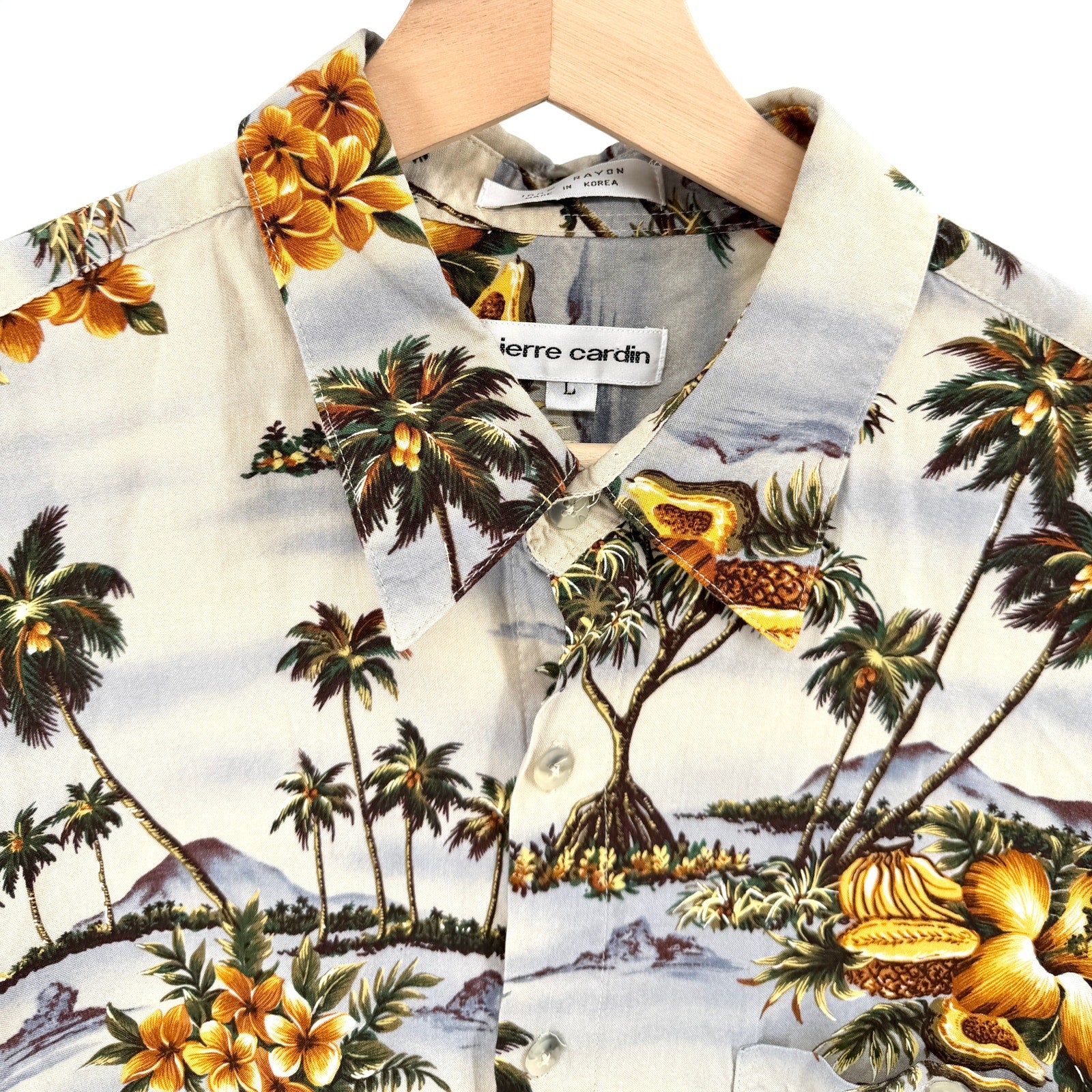 Vintage 90s Pierre Cardin Tan Rayon Hawaiian Scenic Shirt