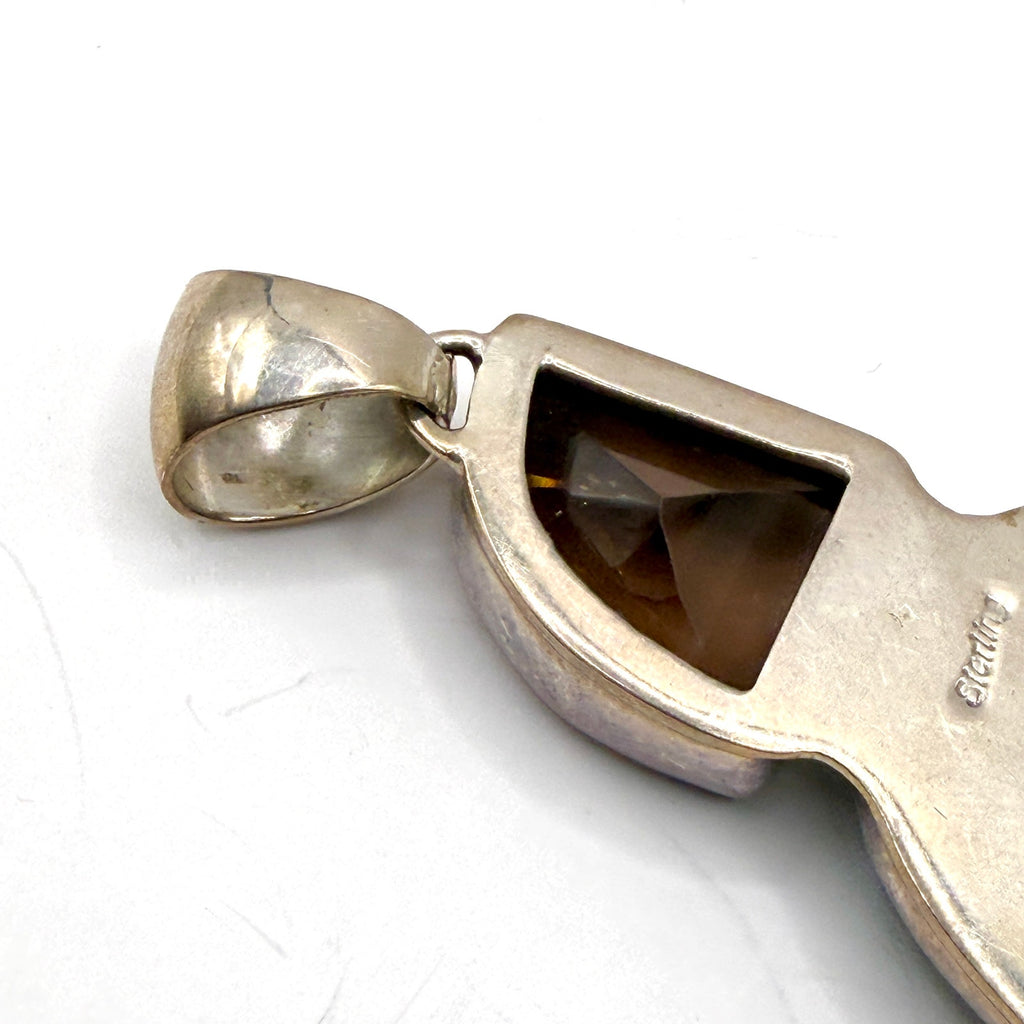 Vintage 90s Sterling Silver Stamped Turquoise Smoky Quartz Statement Pendant