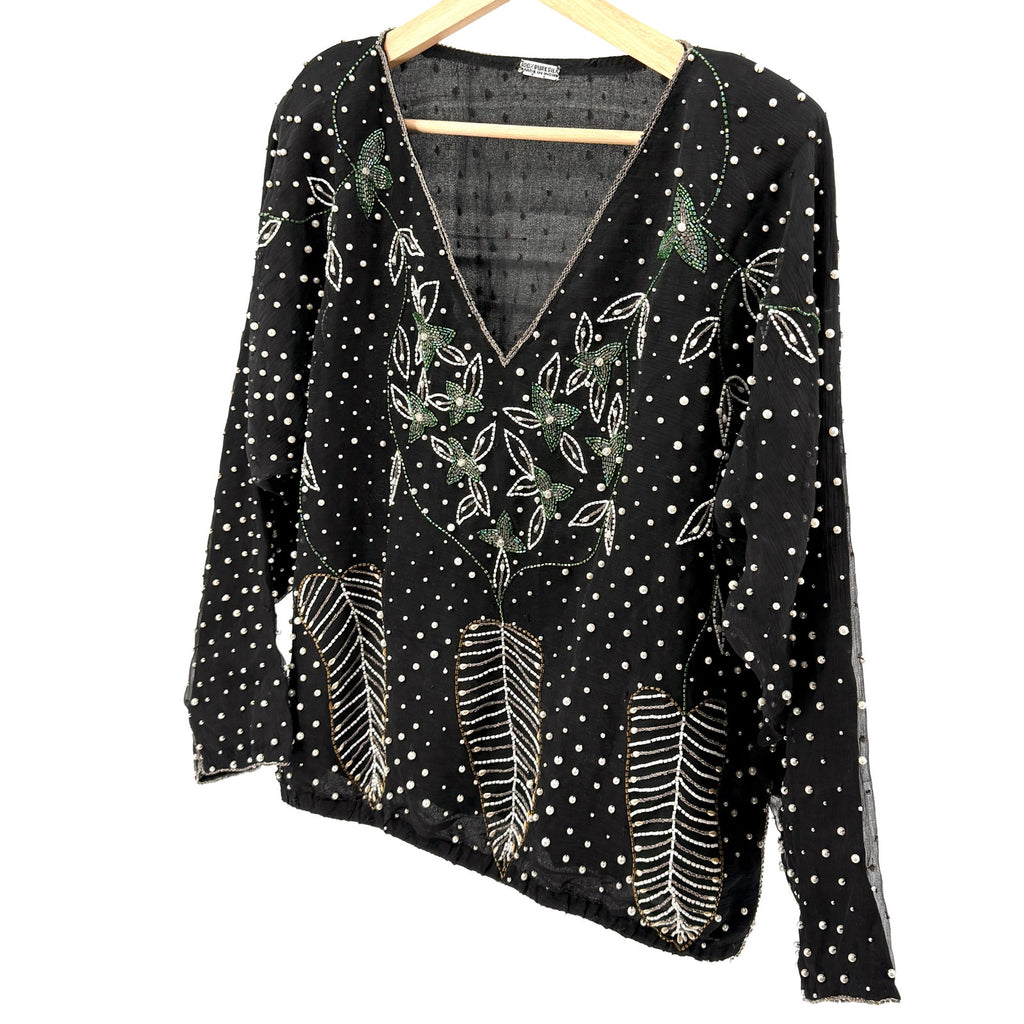 Vintage 80s Black 100% Pure Silk Beaded Floral Faux Pearl Blouse