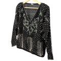 Vintage 80s Black 100% Pure Silk Beaded Floral Faux Pearl Blouse