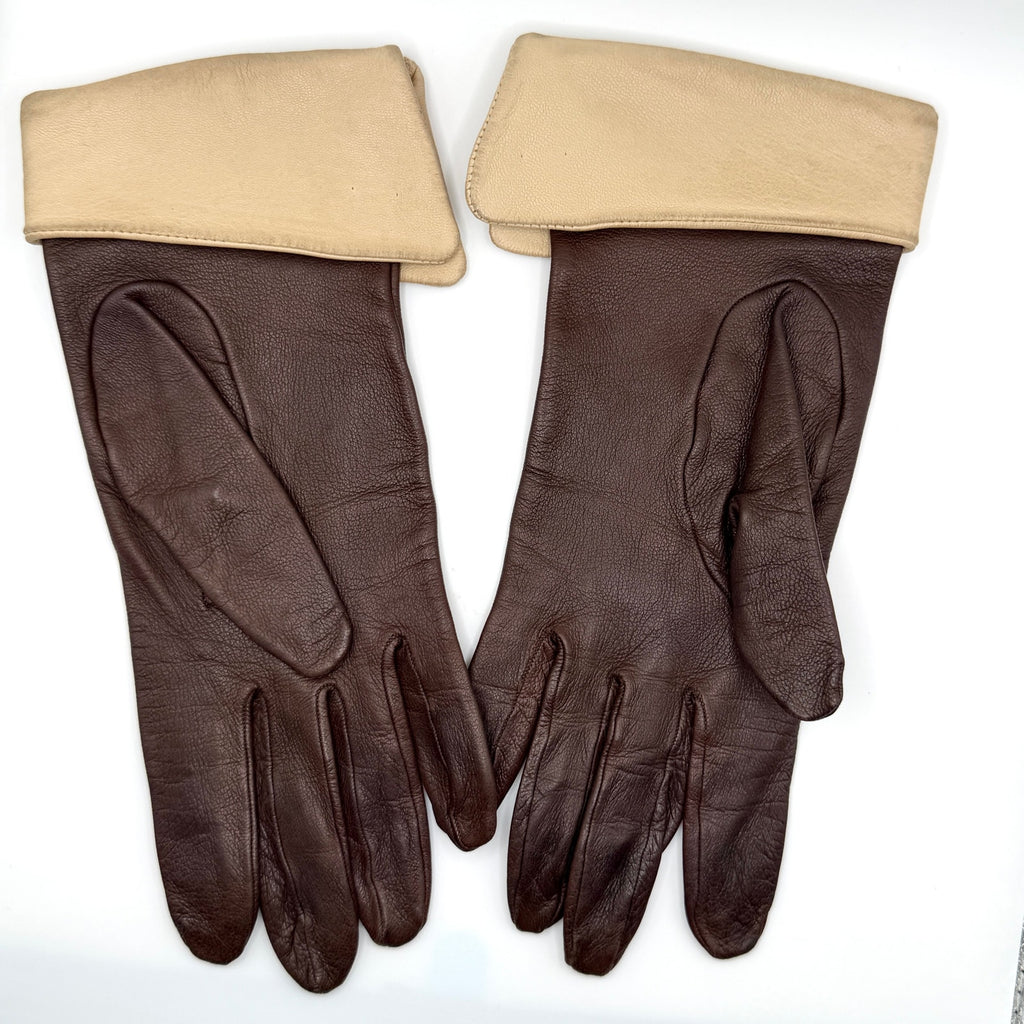 Vintage 70s Brown Genuine Leather Beige Cuff Trim Gloves