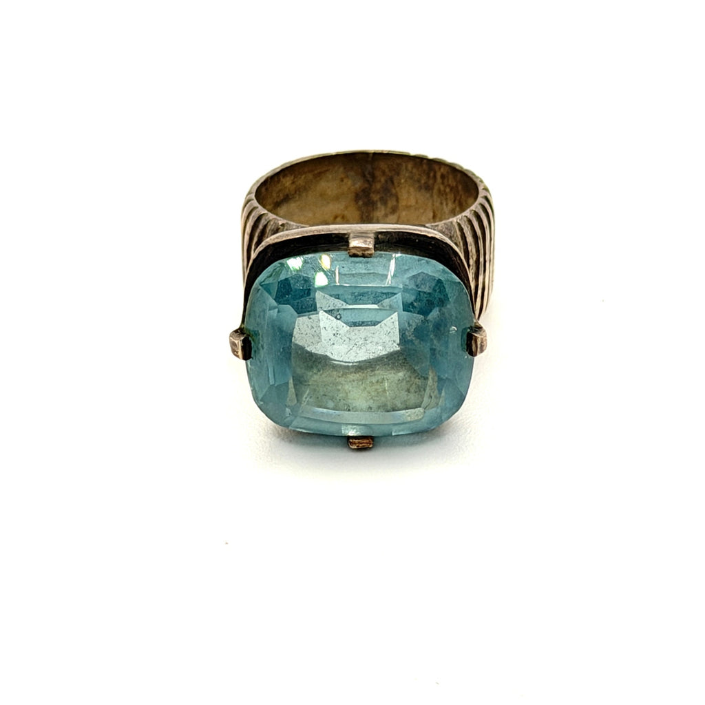 Vintage 70s Blue Topaz Sterling Silver Polish Modernist Hallmarked Ribbed Ring