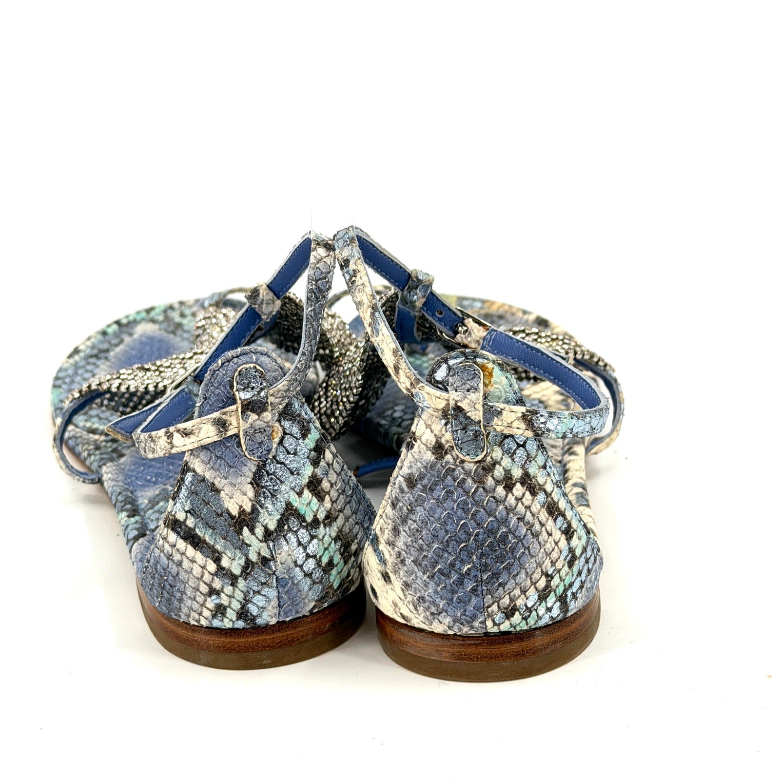 Lola Cruz Blue Snakeskin Genuine Leather Crystal Mesh Thong Sandals
