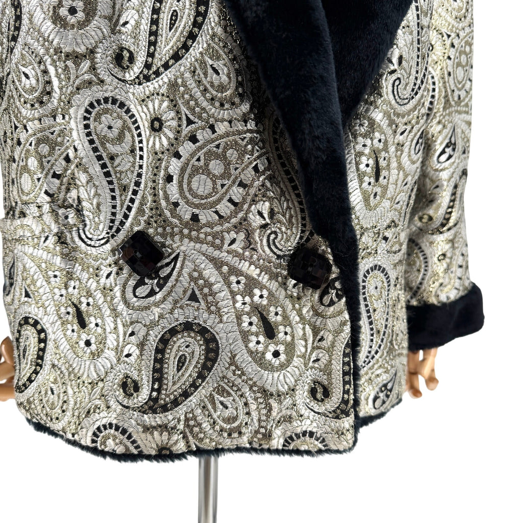 Vintage 80s Silver Gold Paisley Brocade Faux Fur Trim Tuxedo Jacket Coat