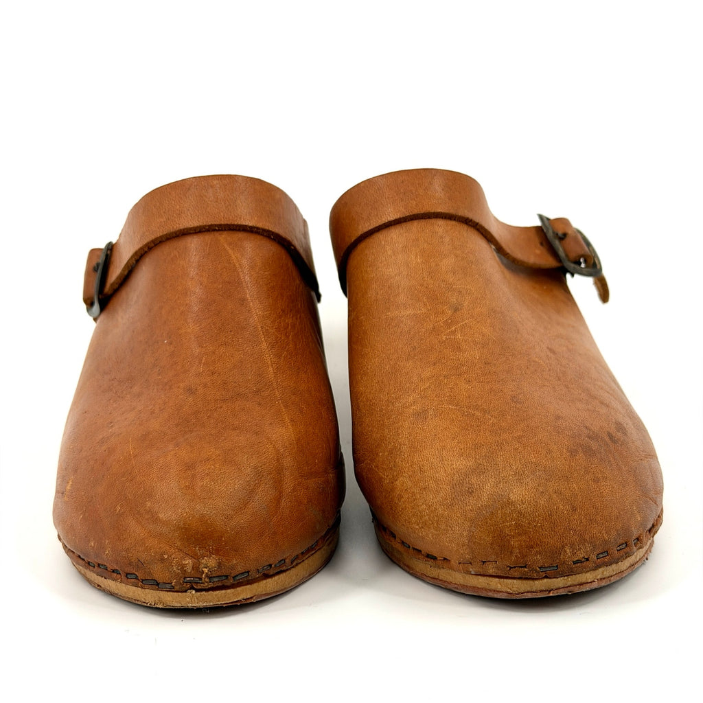 Vintage 70s Made in Italy Tan Leather Faux Wood Platform Clogs