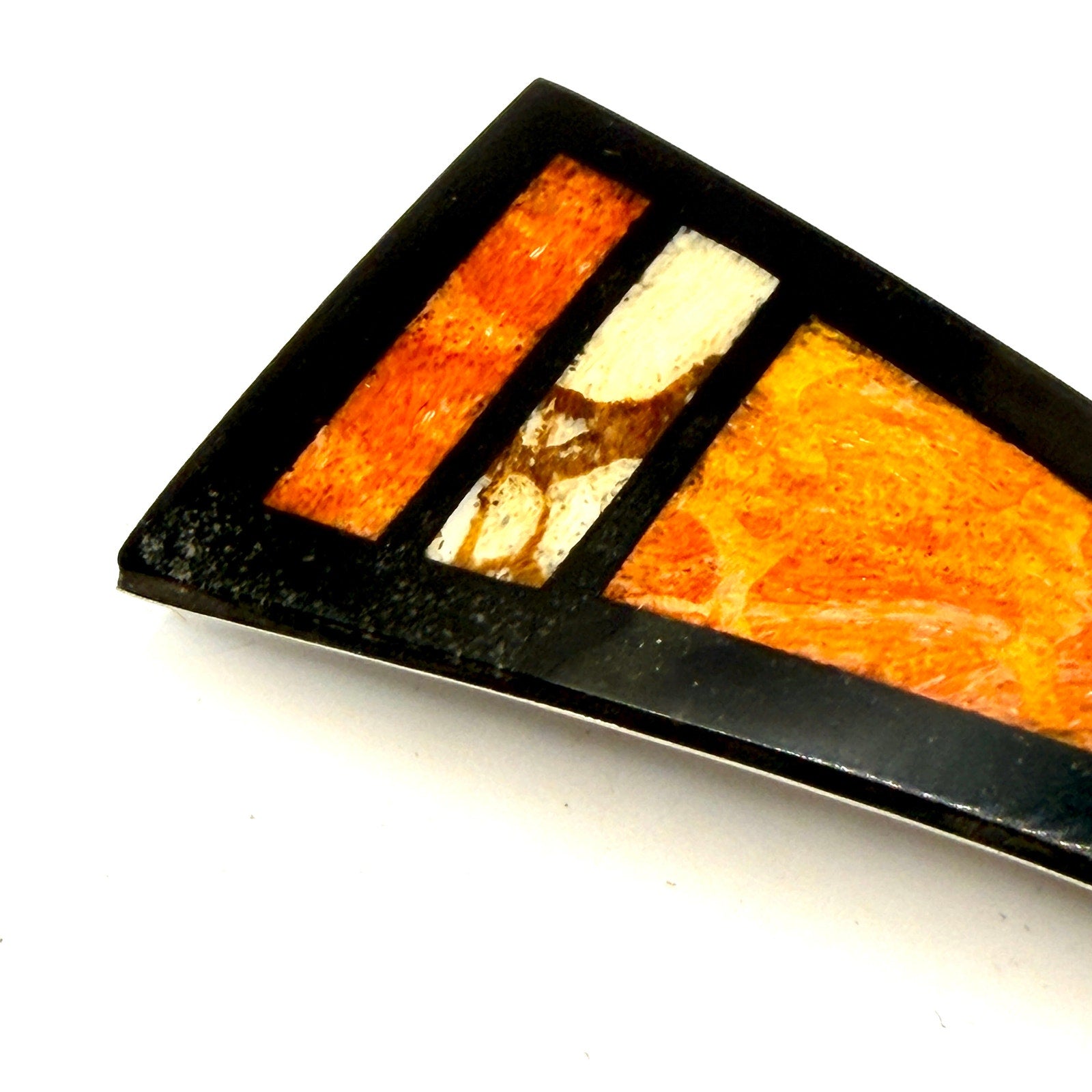Vintage 90s Orange Black Inlay Art Deco Revival French Barrette Hair Clip