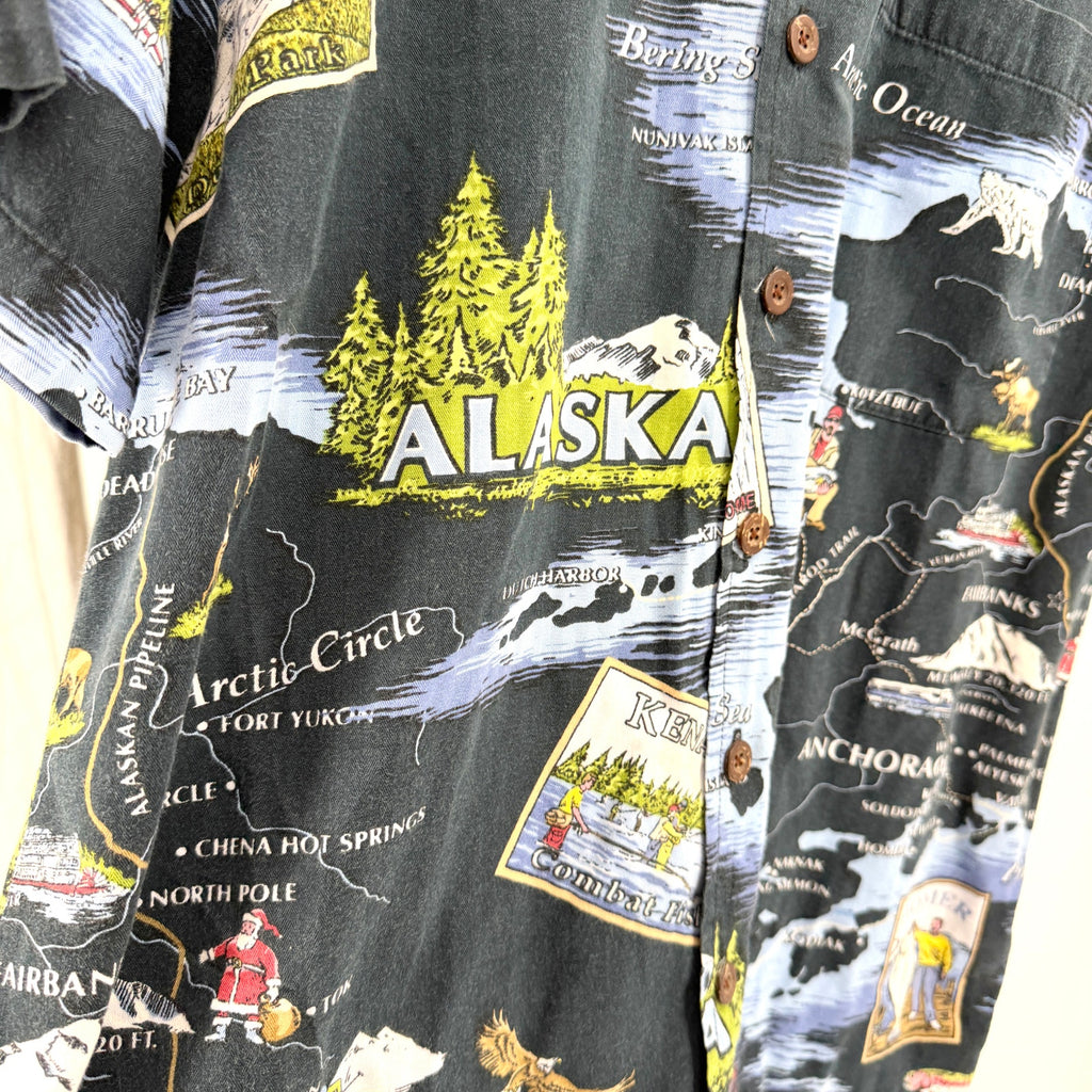 Vintage 90s David Carey Black Alaska Map Novelty Print Button Up Shirt