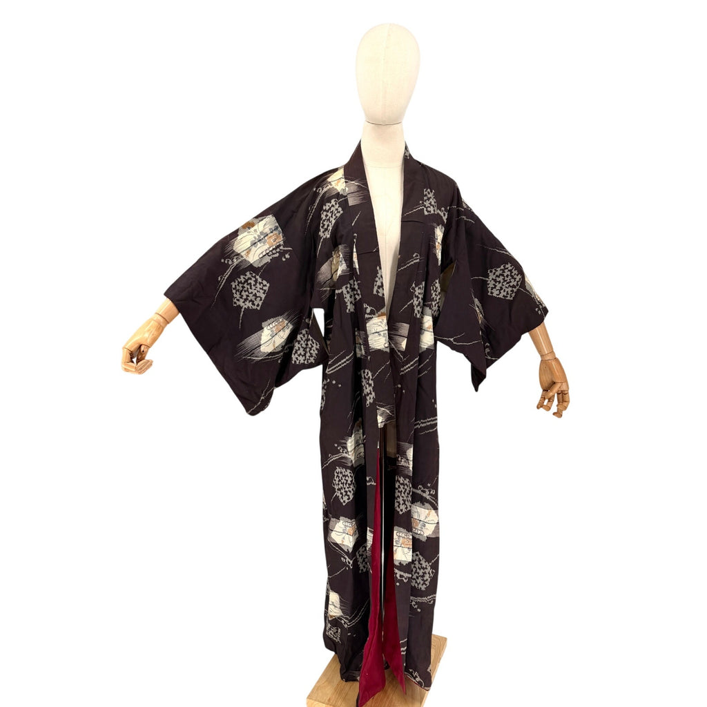 Vintage 50 Showa Era Black 100% Silk Woven Ikat Meisen Kimono Robe Gown