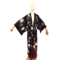 Vintage 50 Showa Era Black 100% Silk Woven Ikat Meisen Kimono Robe Gown