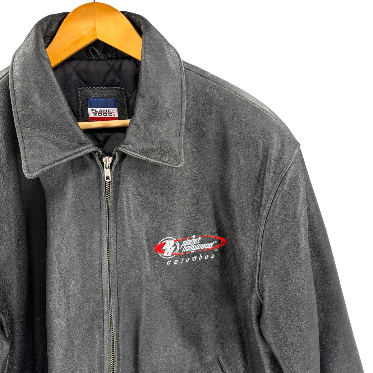 Vintage 90s Planet Hollywood Black Genuine Leather Columbus Bomber Jacket