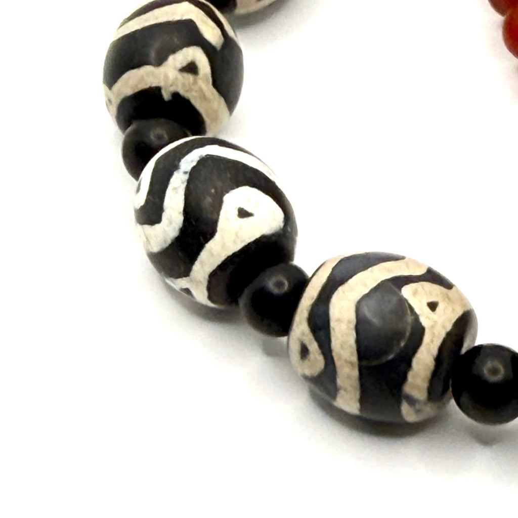 Black Red Etched Dzi Agate Boho Stretch Bracelet Set