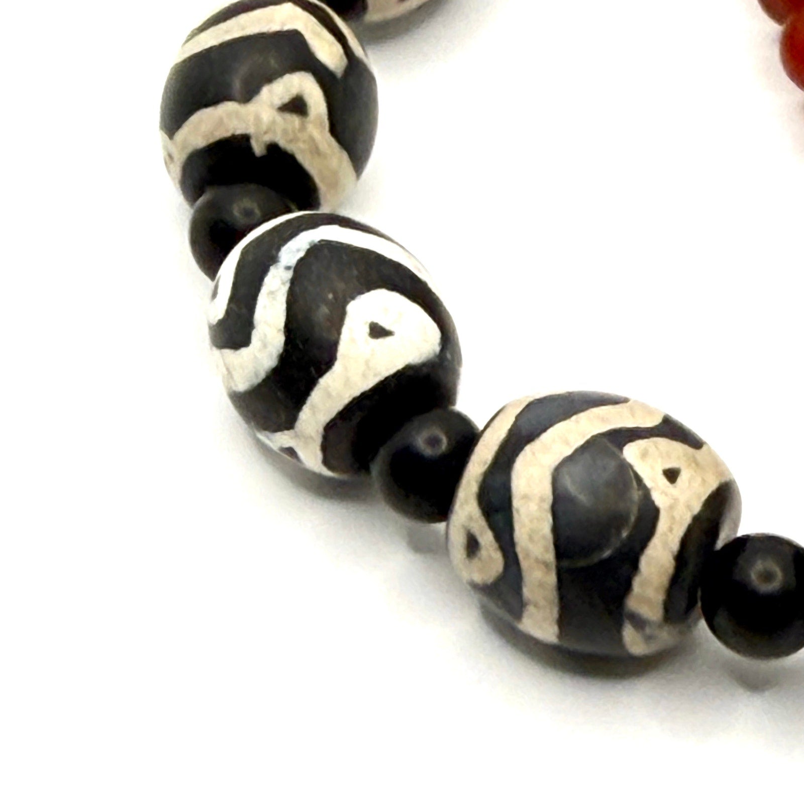 Black Red Etched Dzi Agate Boho Stretch Bracelet Set