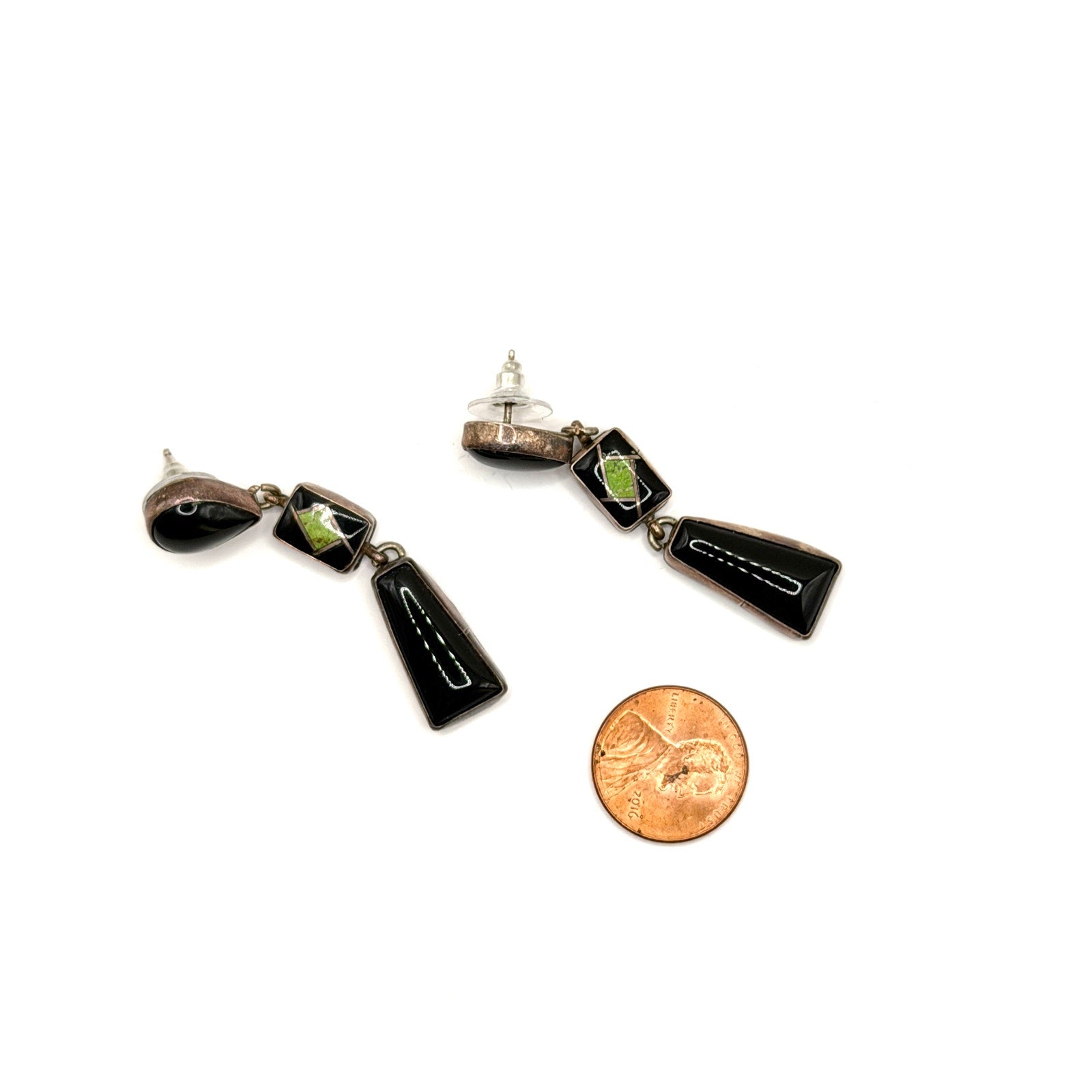 Vintage 90s Sterling Silver Black Onyx Green Gaspeite Inlay Drop Earrings