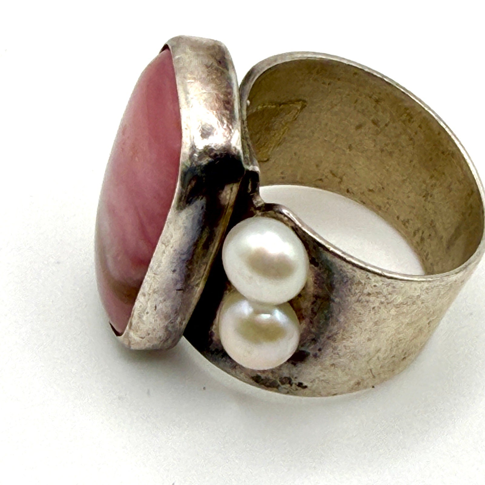 Vintage 90s Pink Rhodochrosite Stamped Sterling Silver Pearl Wide Band Ring