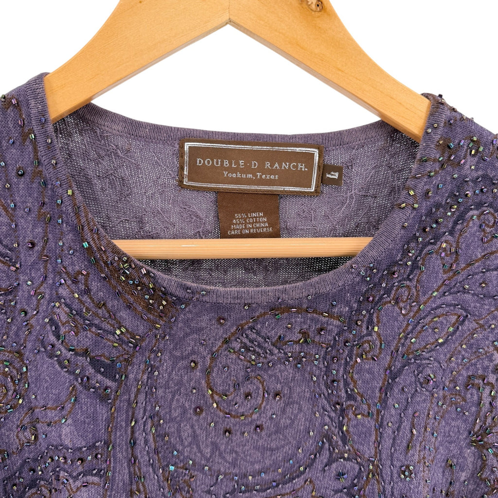 Vintage Y2K Double D Ranch Purple Beaded Paisley Sleeveless Sweater Knit Top