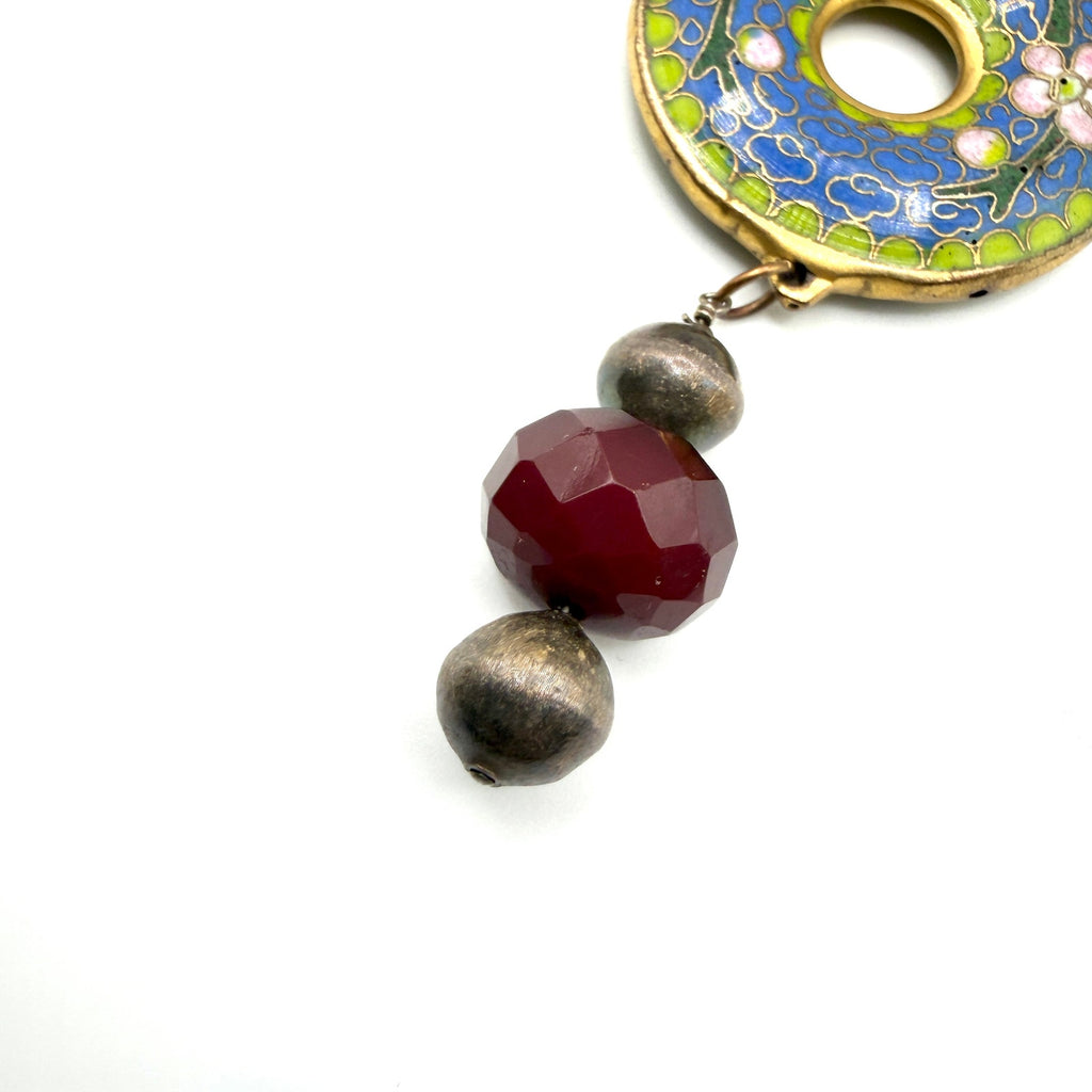 Red Garnet Chinese Cloisonne Enamel Donut Boho Necklace