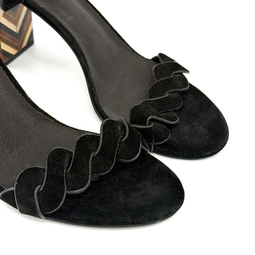 Jeffrey Campbell Black Suede Wood Inlay Geometric Block Heel Lindsay Sandals
