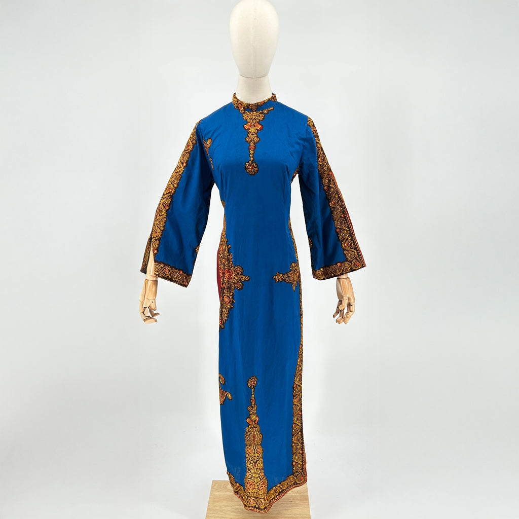 Vintage 70s/80s Bou Boudina Blue Ornate 100% Cotton Tribal Dress