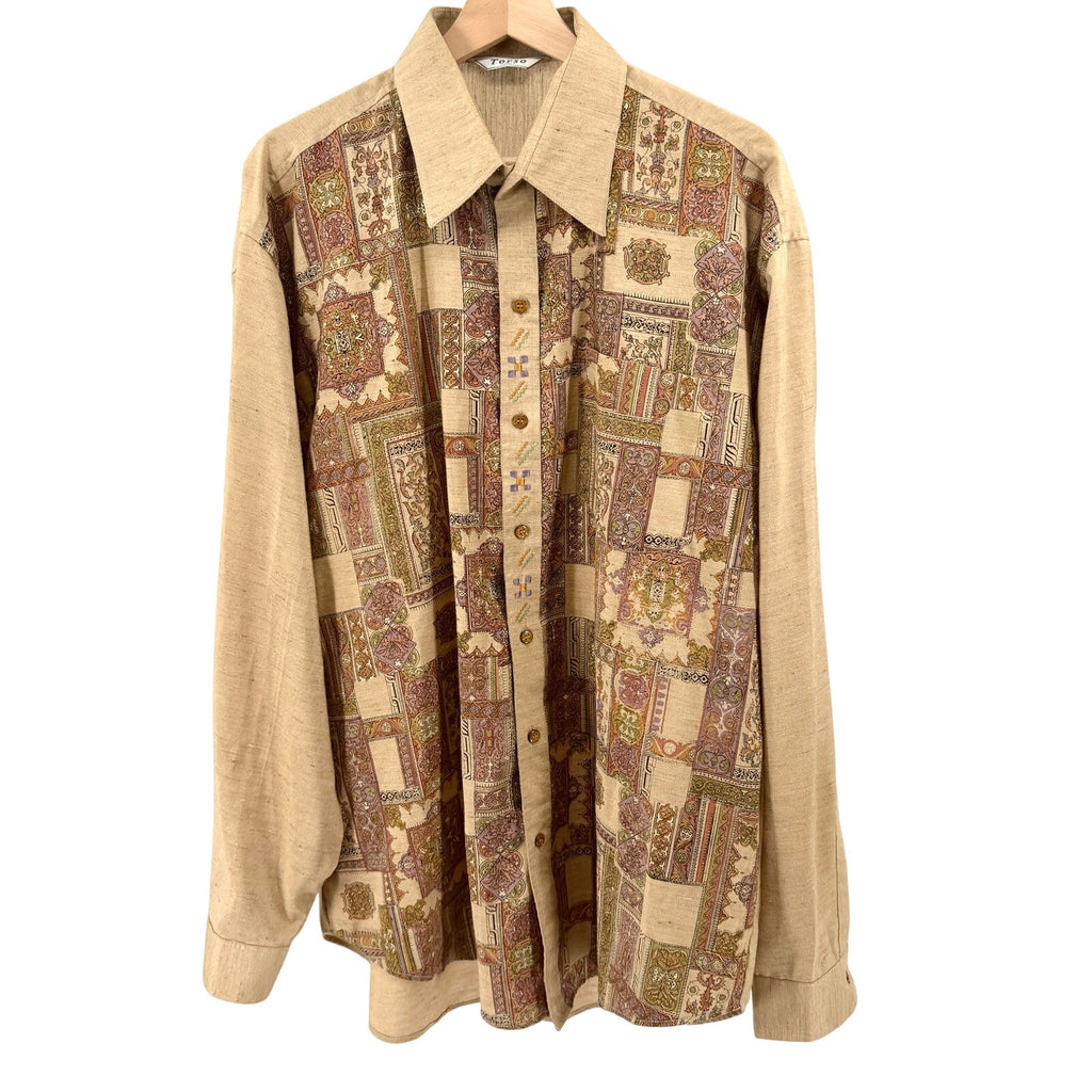 Vintage 90s Torso Bronze Tan Tapestry Print Embroidered Shirt