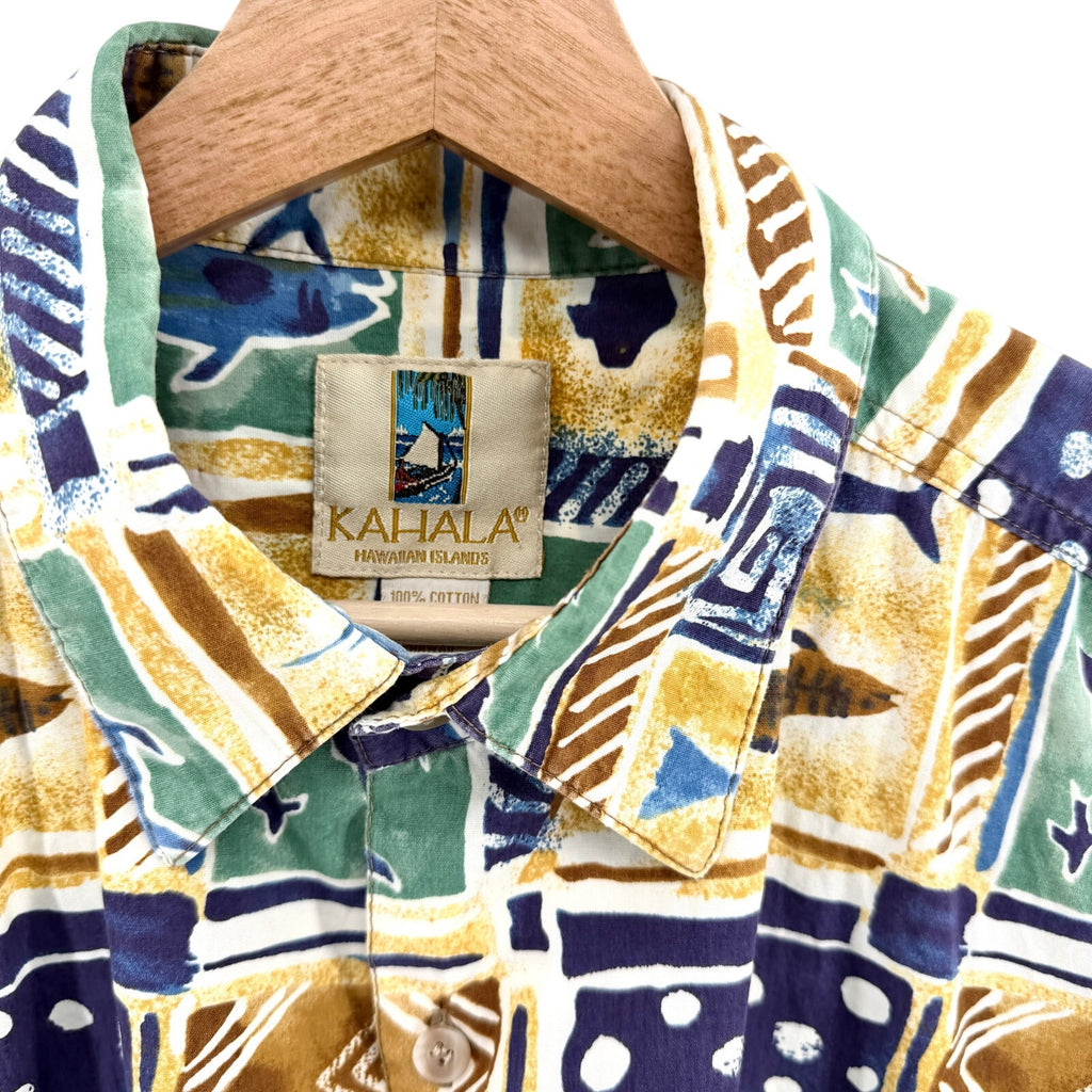 Vintage 90s Kahala Blue Green Fish Print 100% Cotton Aloha Shirt