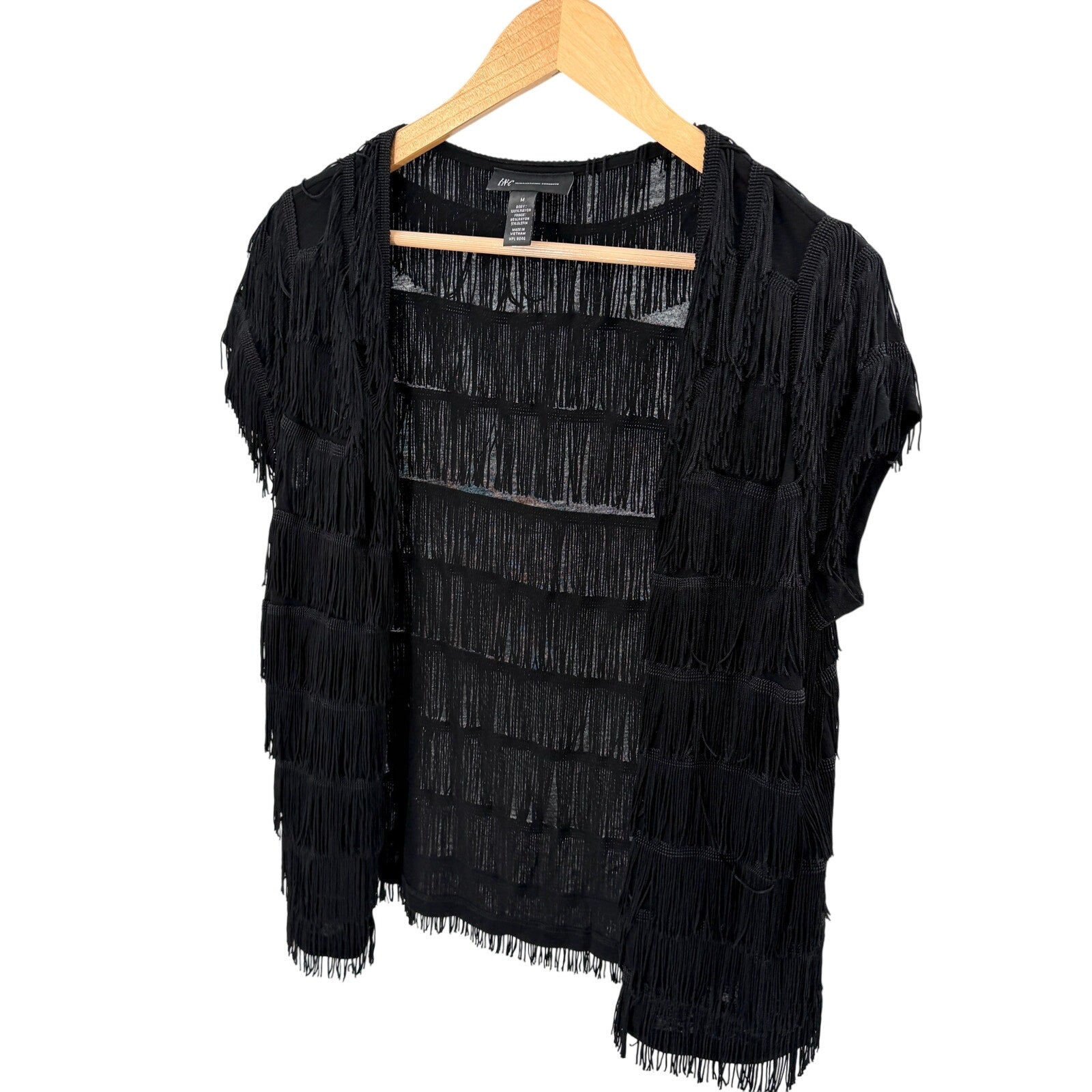 Vintage Y2K INC Black Flapper Tiered Fringe Hook Front Cardigan Top