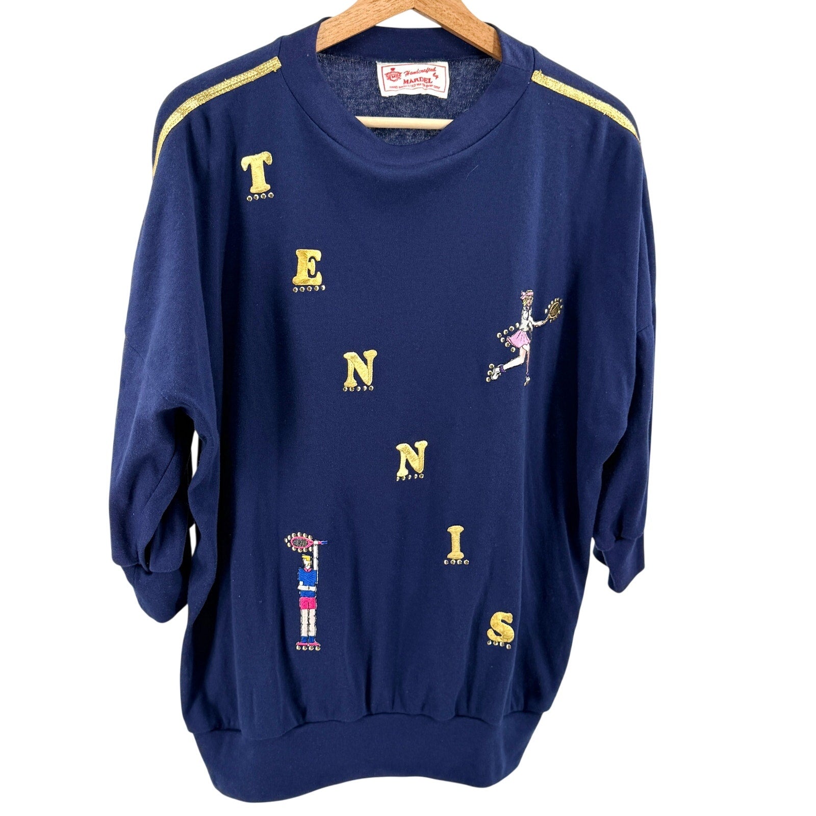Vintage 80s Mardel Tennis Beaded Embroidered Jersey Long Sleeve Tee