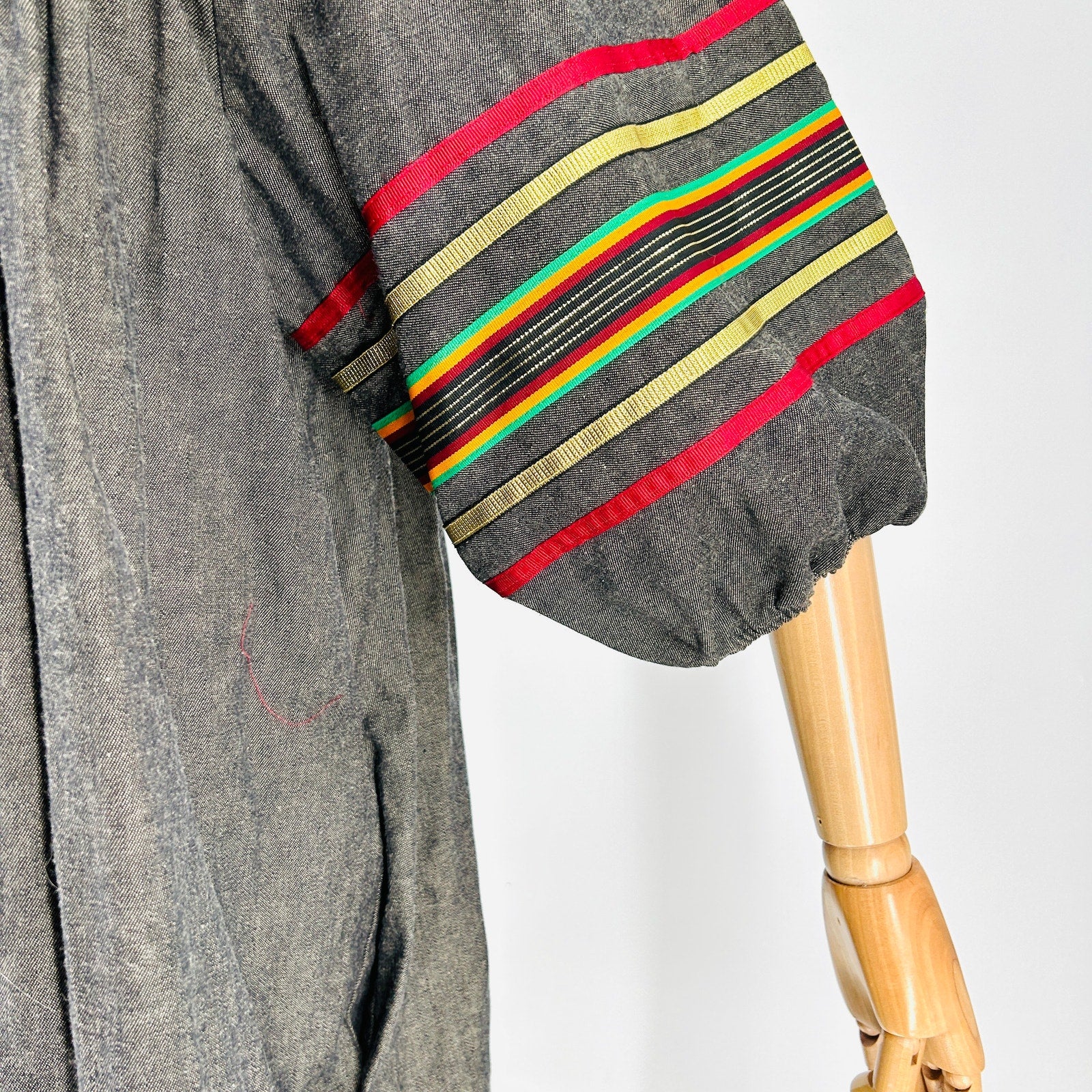 Vintage 70s Krist Gudnason Gray Striped Ribbon Trim Puff Sleeve Muumuu Dress