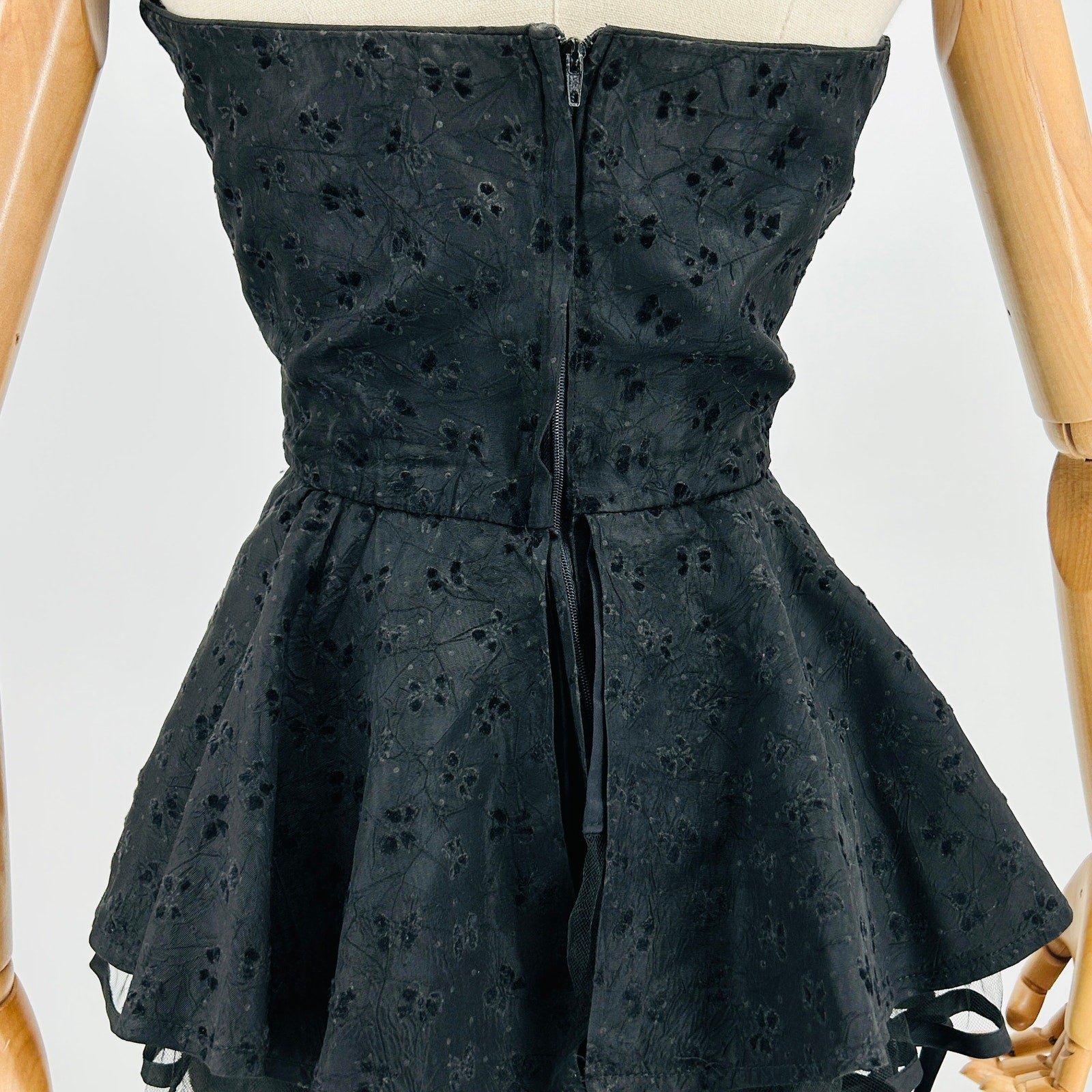 Vintage 60s Black Velvet Flocked Taffeta Strapless Peplum Dress