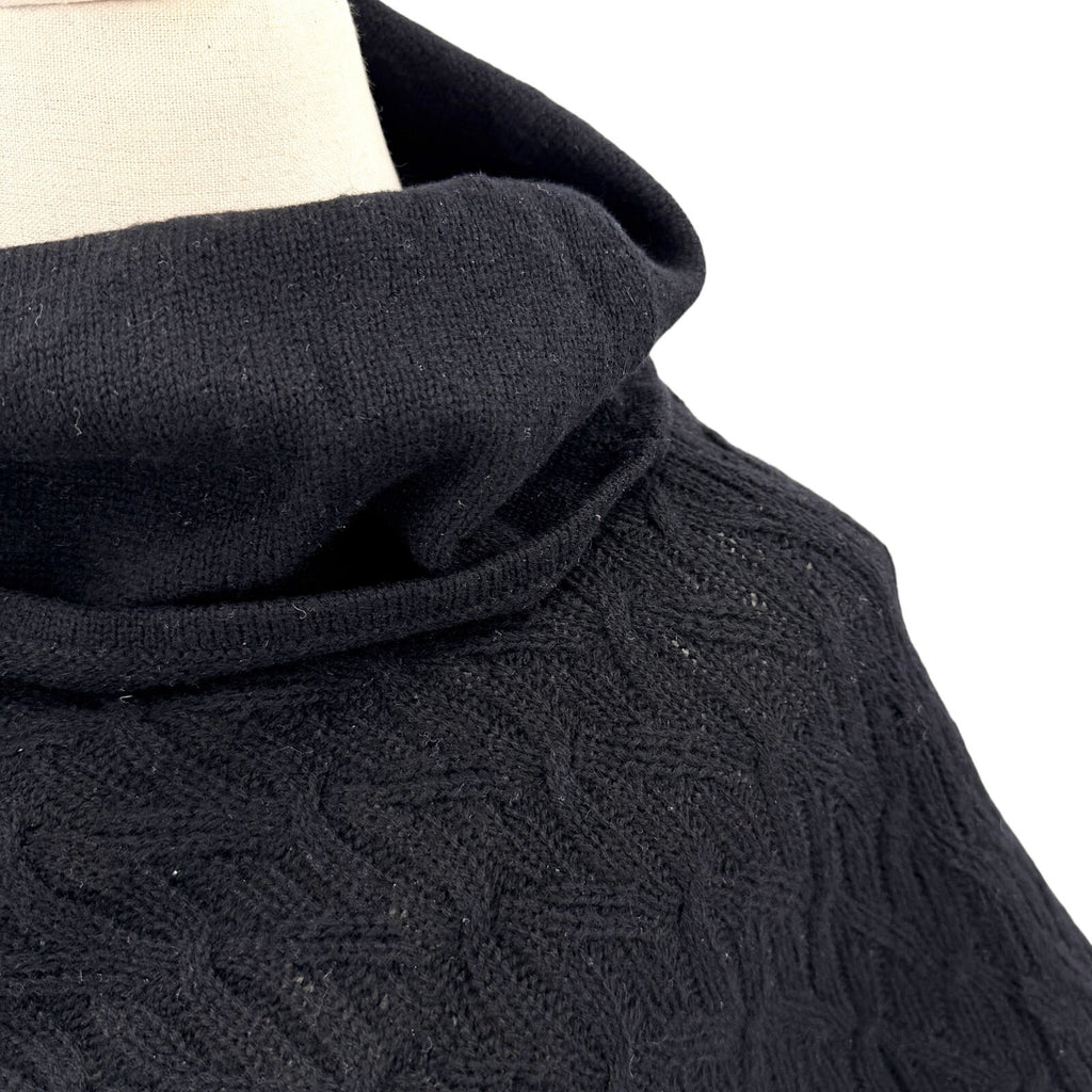 Celeste Wool Cashmere Black Cowl Neck Cable Knit Poncho Sweater