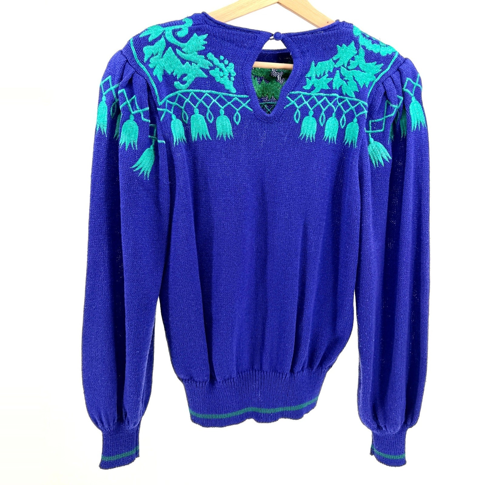 Vintage 80s Umi Collections by Anne Crimmins Blue Teal Embroidered Sweater