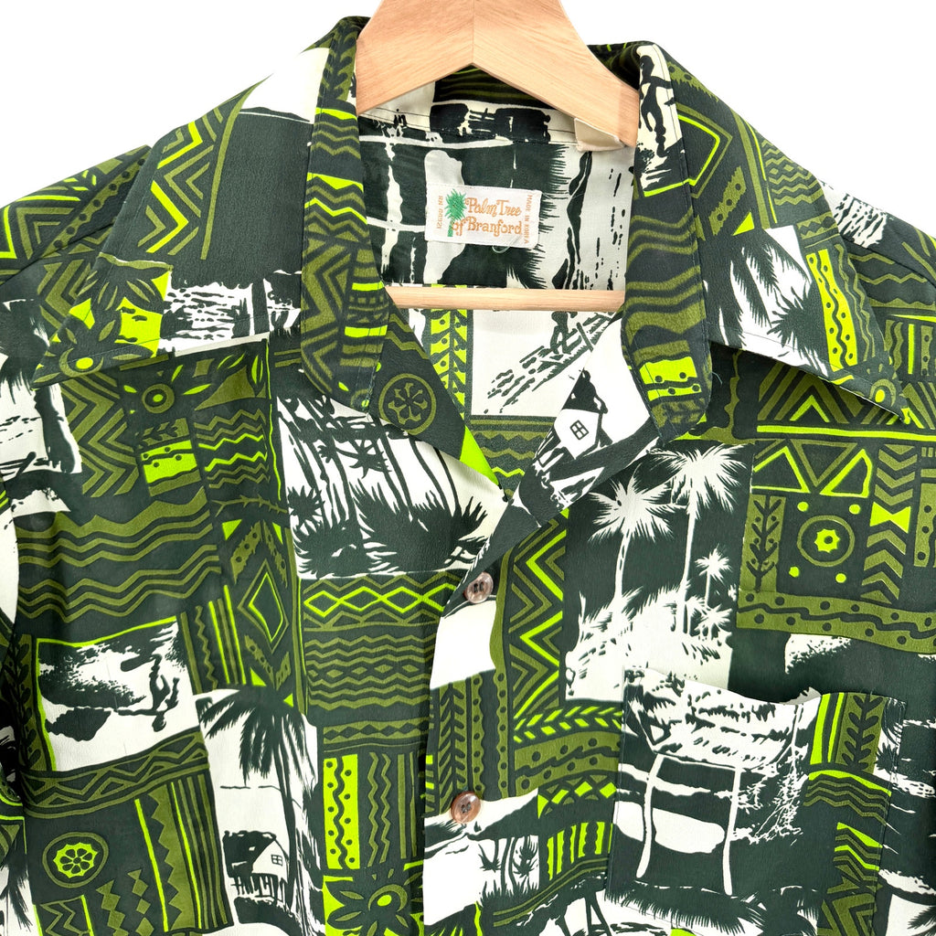 Vintage 70s Palm Tree of Branford Green Hawaiian Tiki Dagger Collar Shirt
