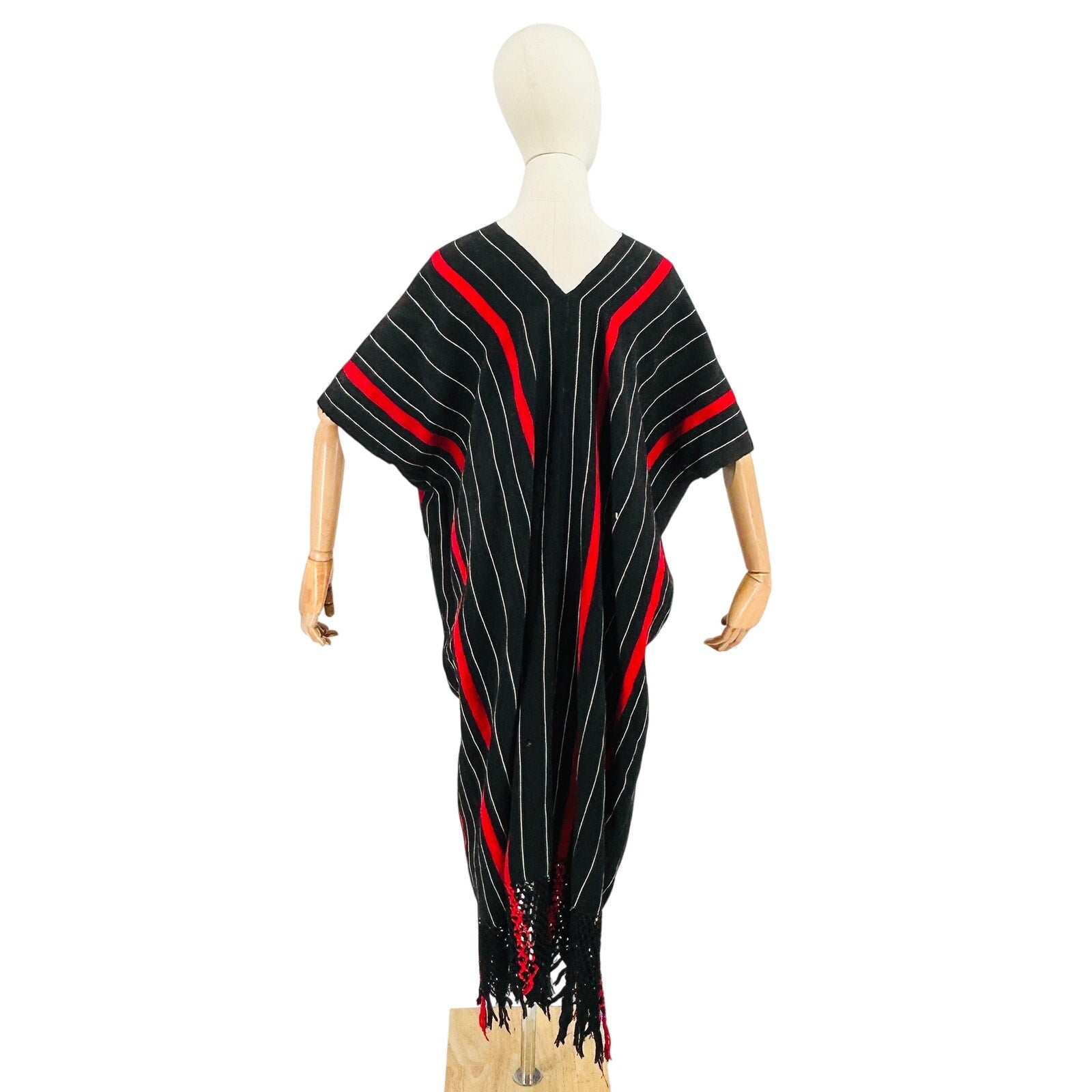 Vintage 80s Handwoven Black Red Striped 100% Cotton Kaftan Dress