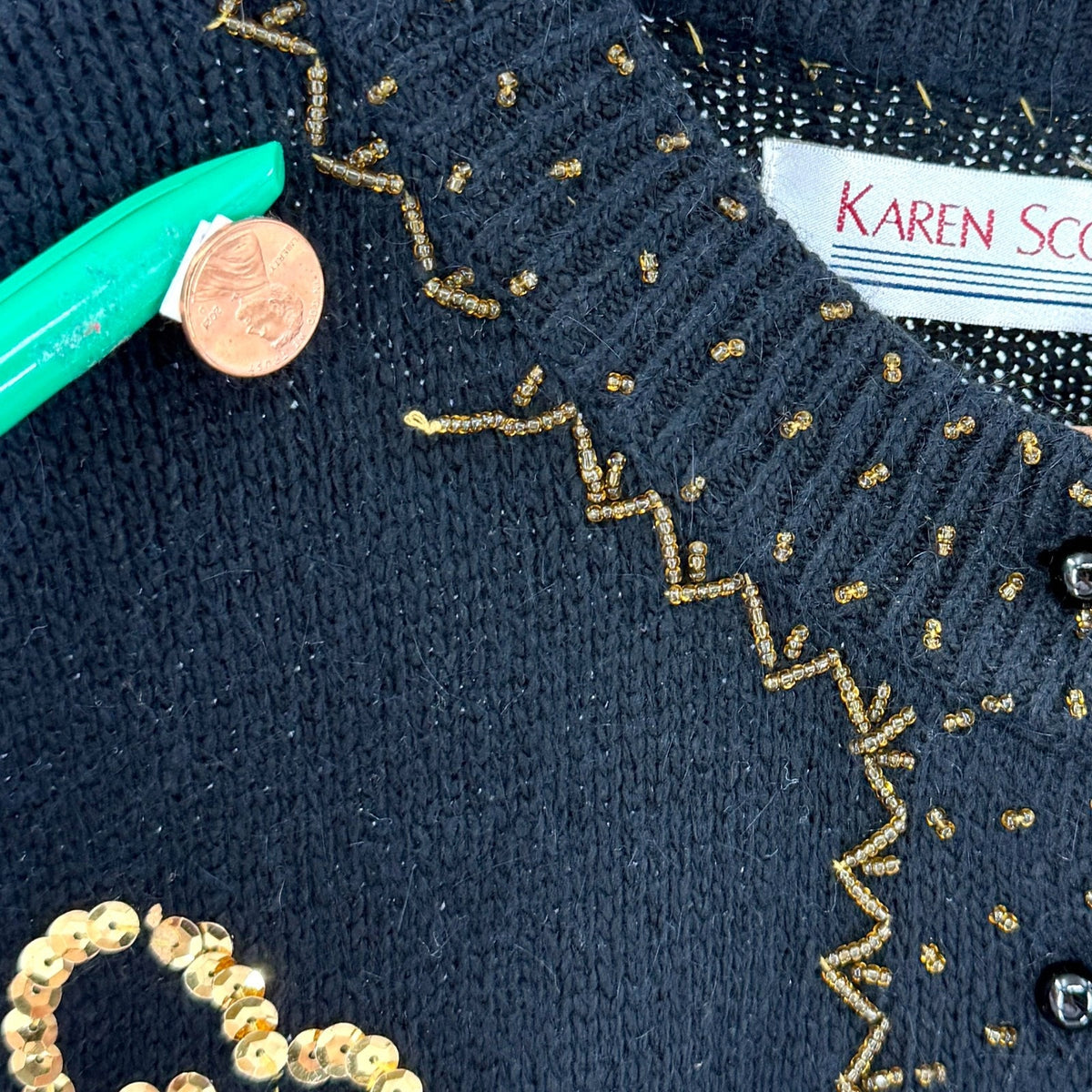 Vintage 90s Karen Scott Black Gold Sequin Beaded Holiday Cardigan