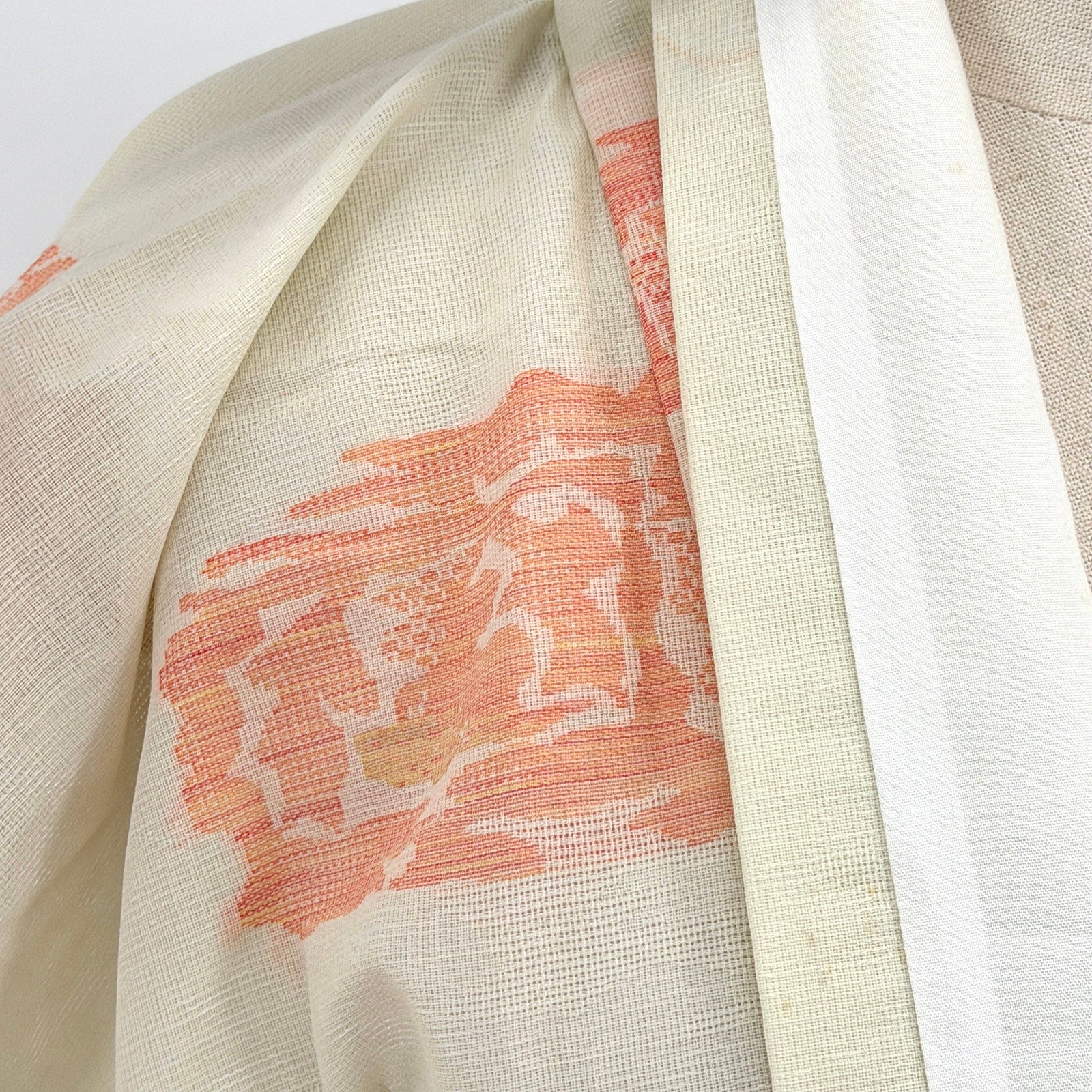Vintage 70s Showa Cream Peach Patterned Open Weave Sha Gauze Silk Kimono Robe