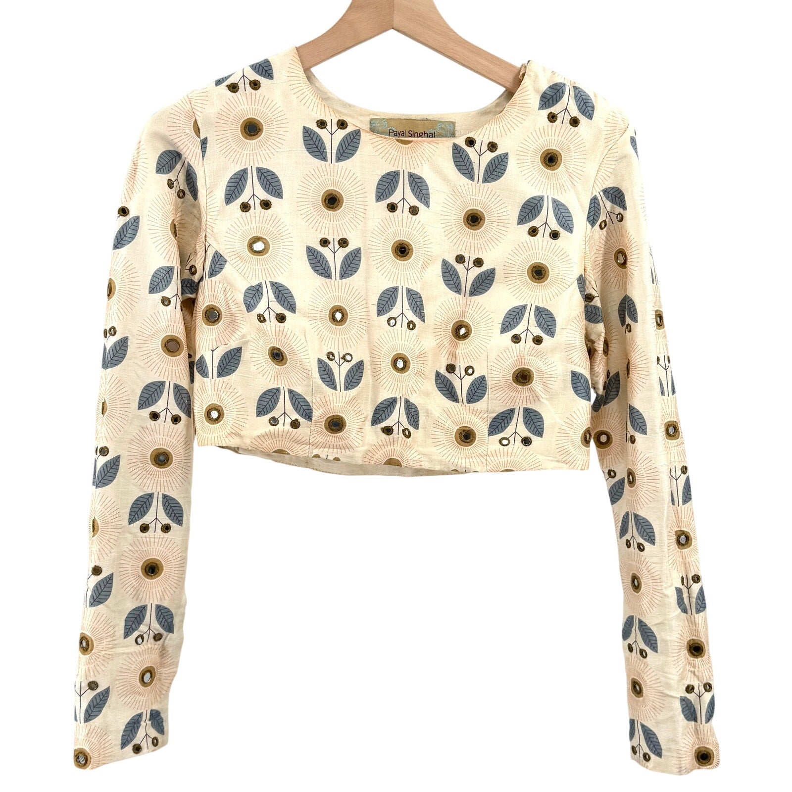 Payal Singhal Ivory 100% Silk Mirror Embellished Sari Blouse Crop Top