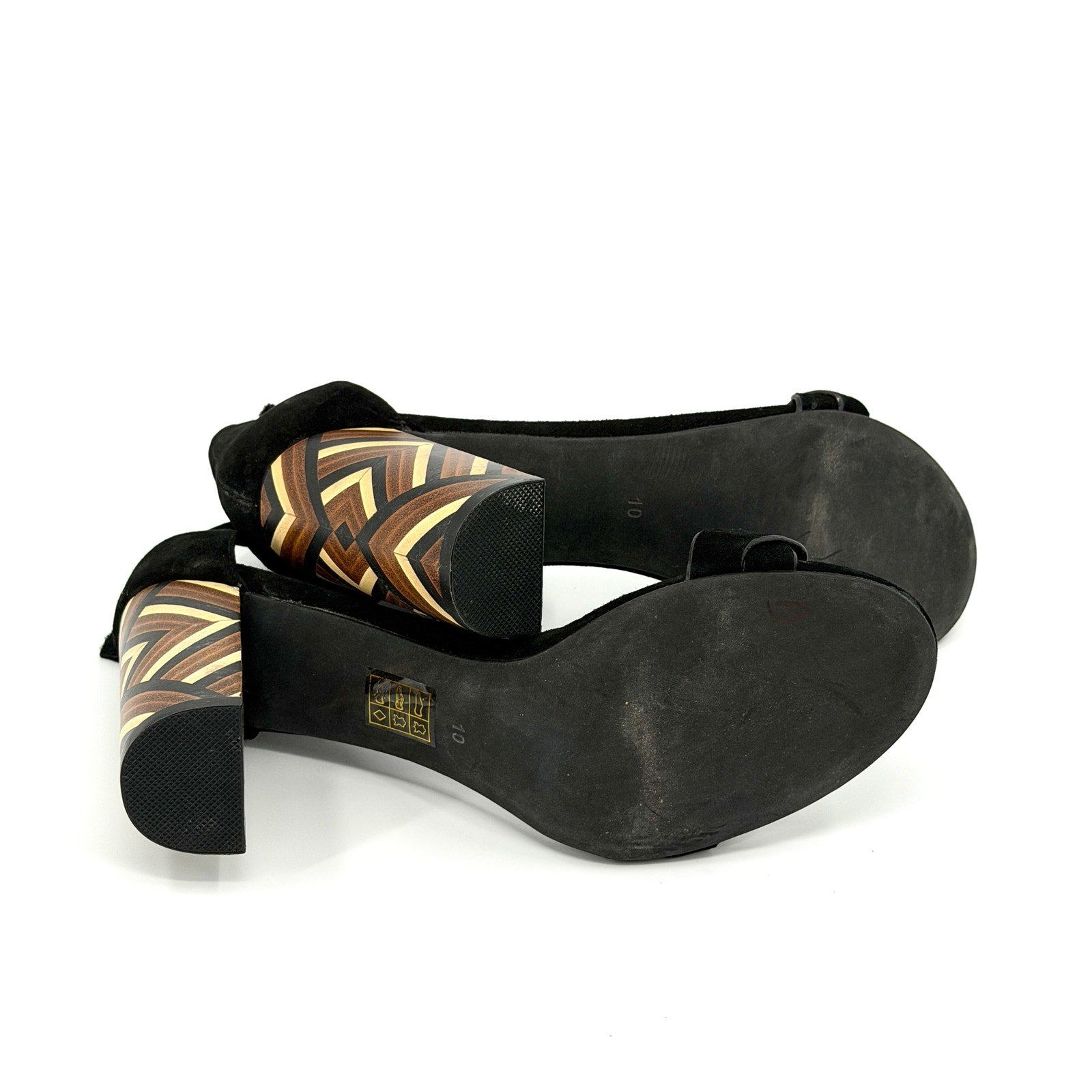 Jeffrey Campbell Black Suede Wood Inlay Geometric Block Heel Lindsay Sandals