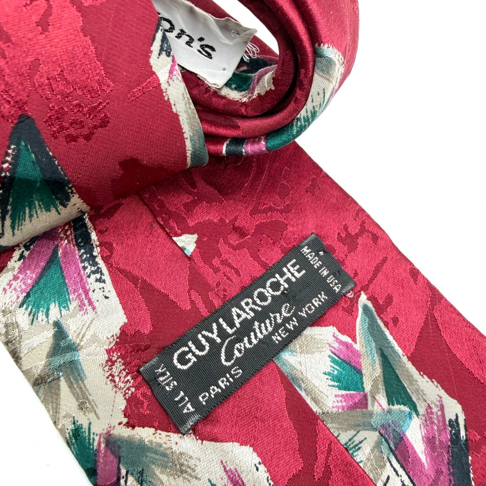 Vintage 90s Guy Laroche Couture Maroon 100% Silk Abstract Geometric Necktie
