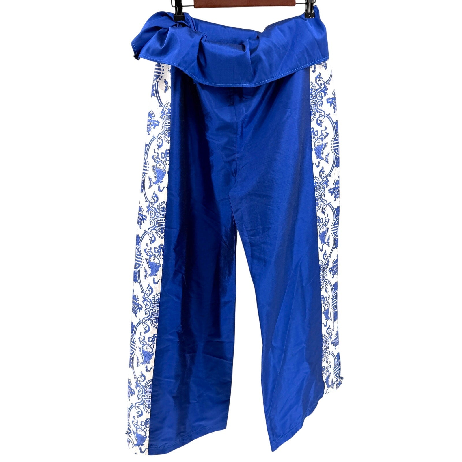 Vintage Y2K Paothong’s Royal Blue White 100% Silk Thai Wide Leg Pants