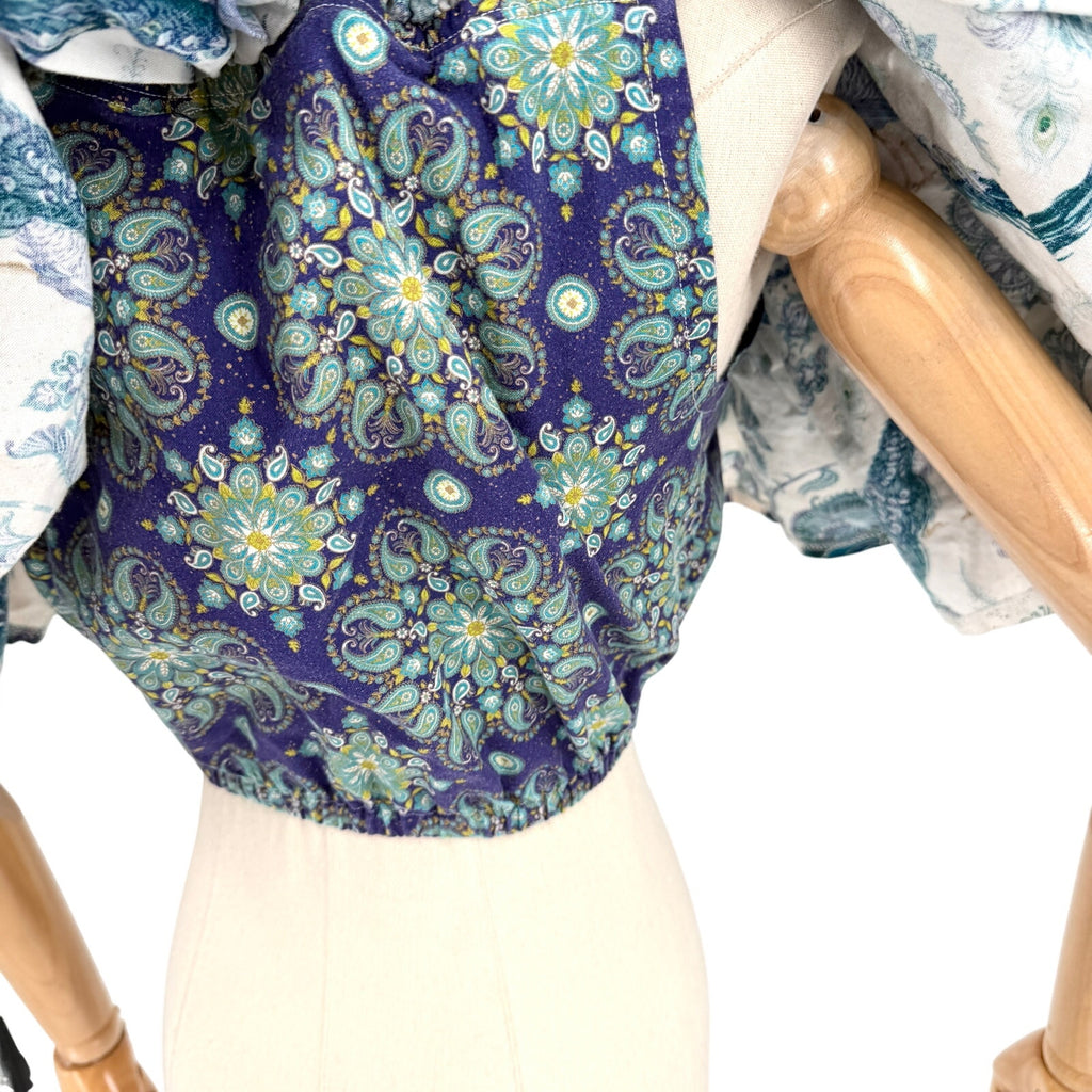 Vintage 90s Custom Made Cream Teal 100% Cotton Peacock Paisley Ruffle Crop Top