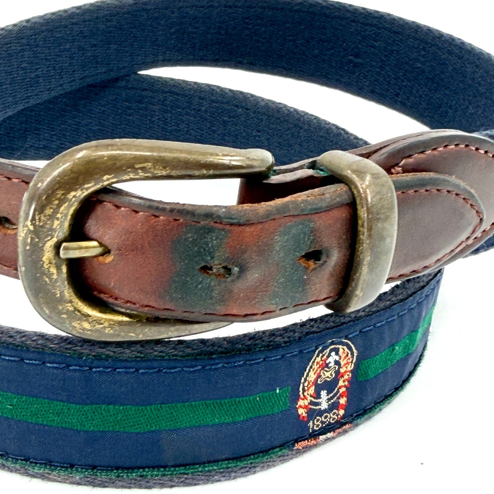 Vintage 80s YRI Navy Green Genuine Leather Preppy Woven Crest Belt