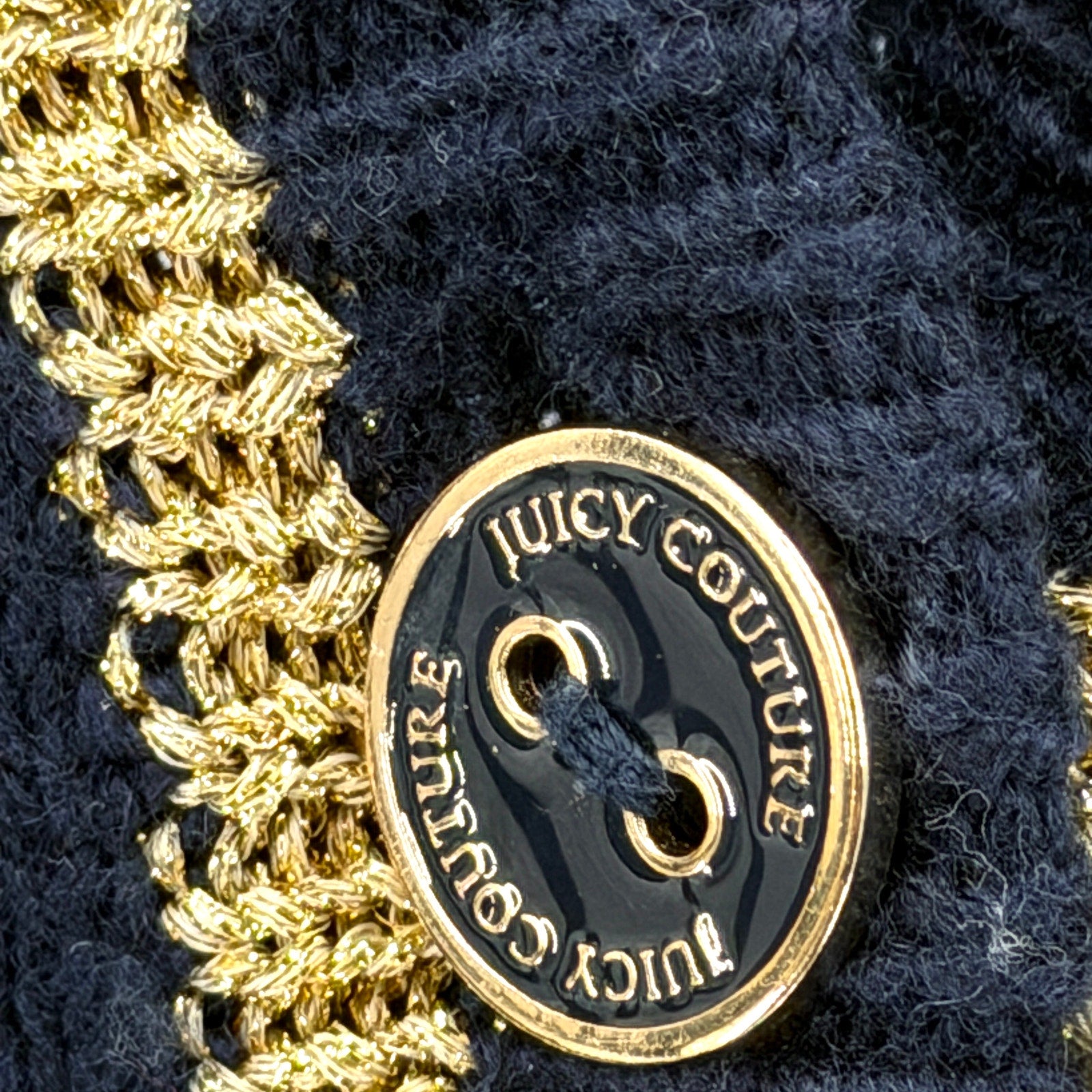 Vintage Y2K Juicy Couture Navy Blue Preppy Gold Metallic Trim Cardigan