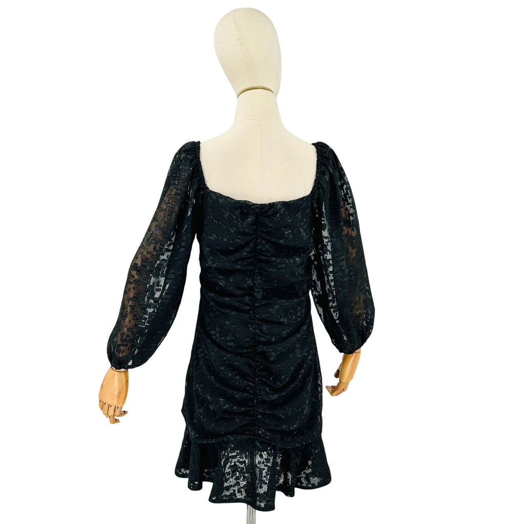 ASTR The Label Black Ruched Burnout Chiffon Cascading Ruffle Mini Dress