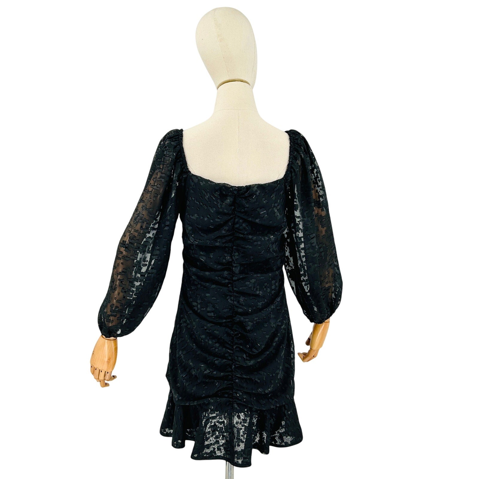 ASTR The Label Black Ruched Burnout Chiffon Cascading Ruffle Mini Dress