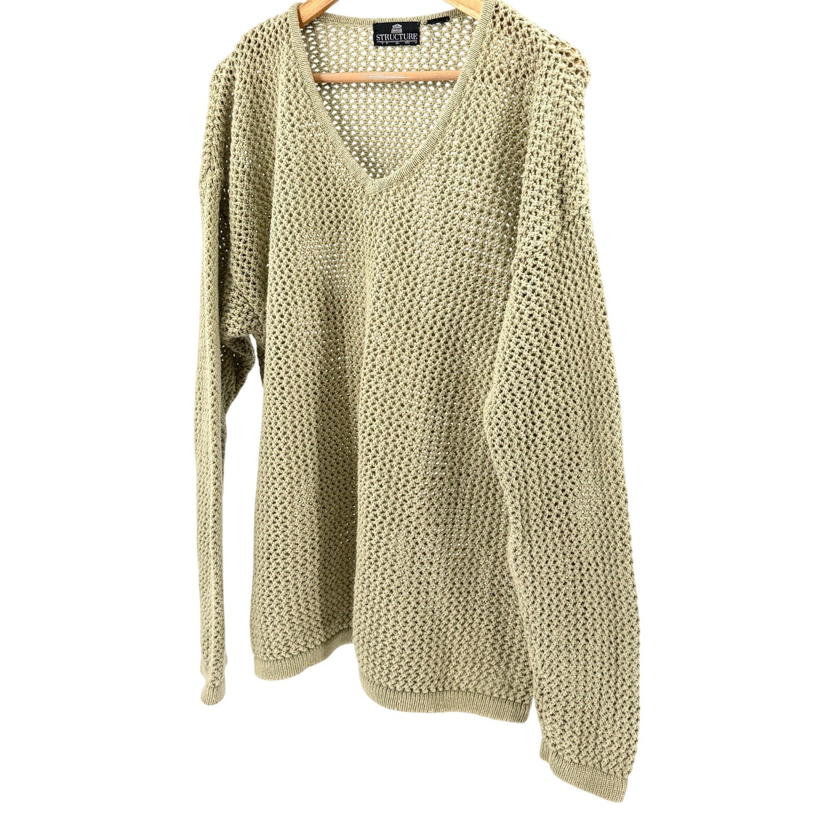 Vintage 90s Structure Beige 100% Cotton Mesh Open Weave V-Neck Sweater