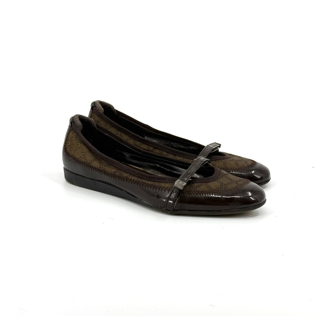 Vintage Y2K Etienne Aigner Brown Logo Pattern Patent Accent Mary Jane Flats