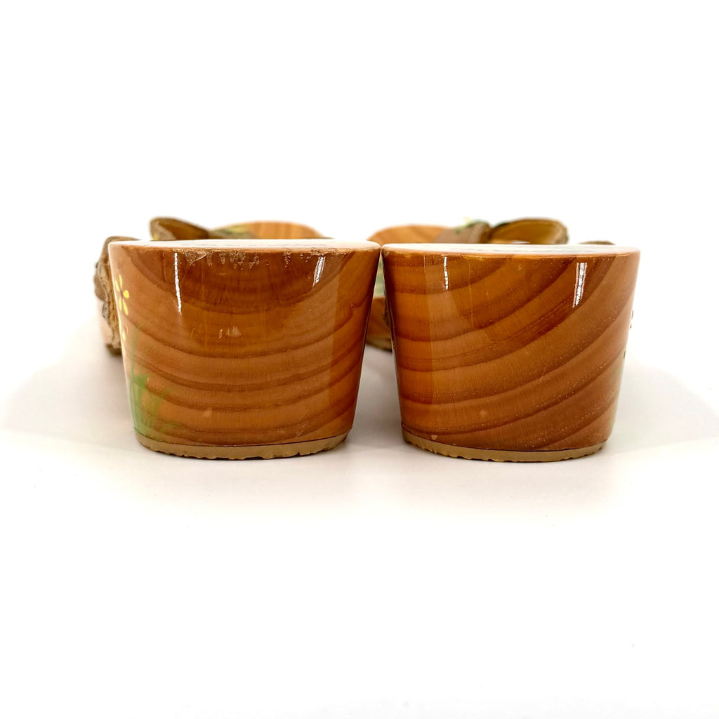 Vintage 90s Woodies Tan Wood Tropical Embroidered Satin Studded Clog Sandals