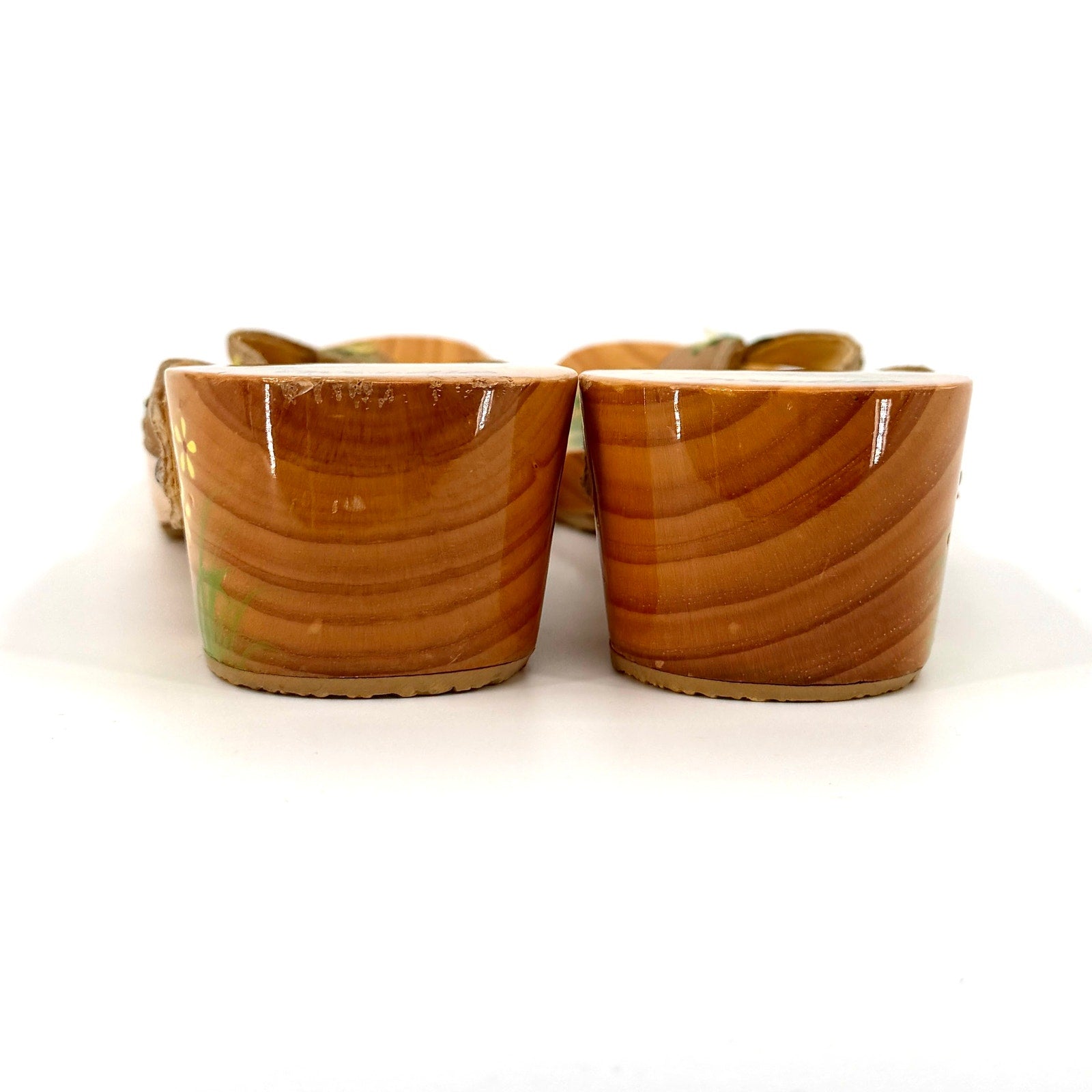 Vintage 90s Woodies Tan Wood Tropical Embroidered Satin Studded Clog Sandals