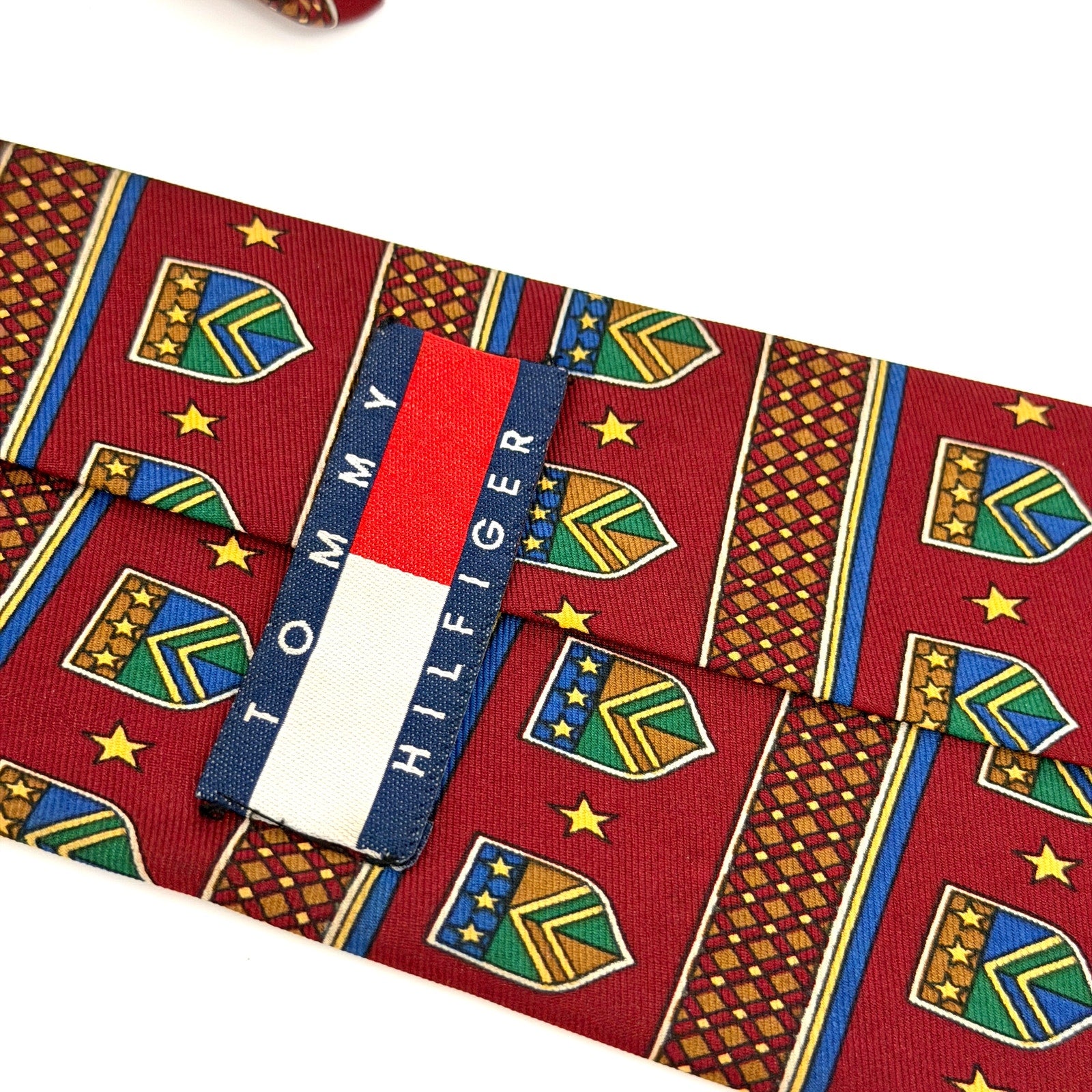 Vintage 90s Tommy Hilfiger Red Crest Stars Heraldic Preppy Necktie