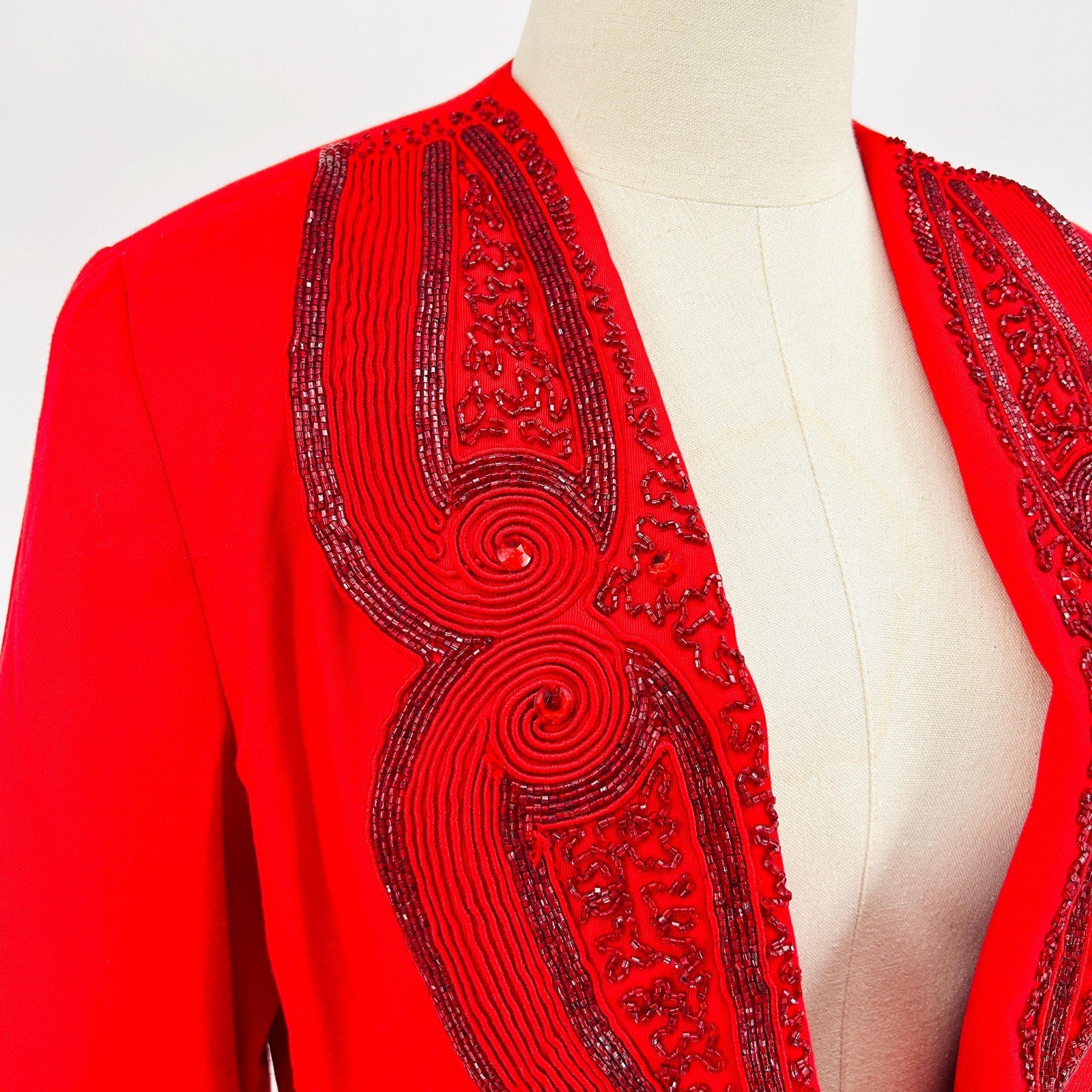 Vintage 80s Chancele Red Beaded 100% Linen Embellished Blazer