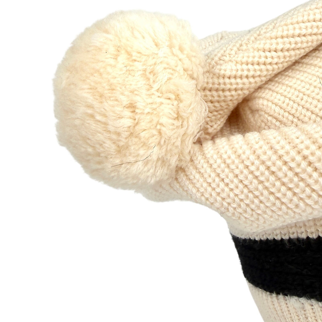 Authier Cream Black Knit Stripe Pom-Pom Winter Hat Beanie